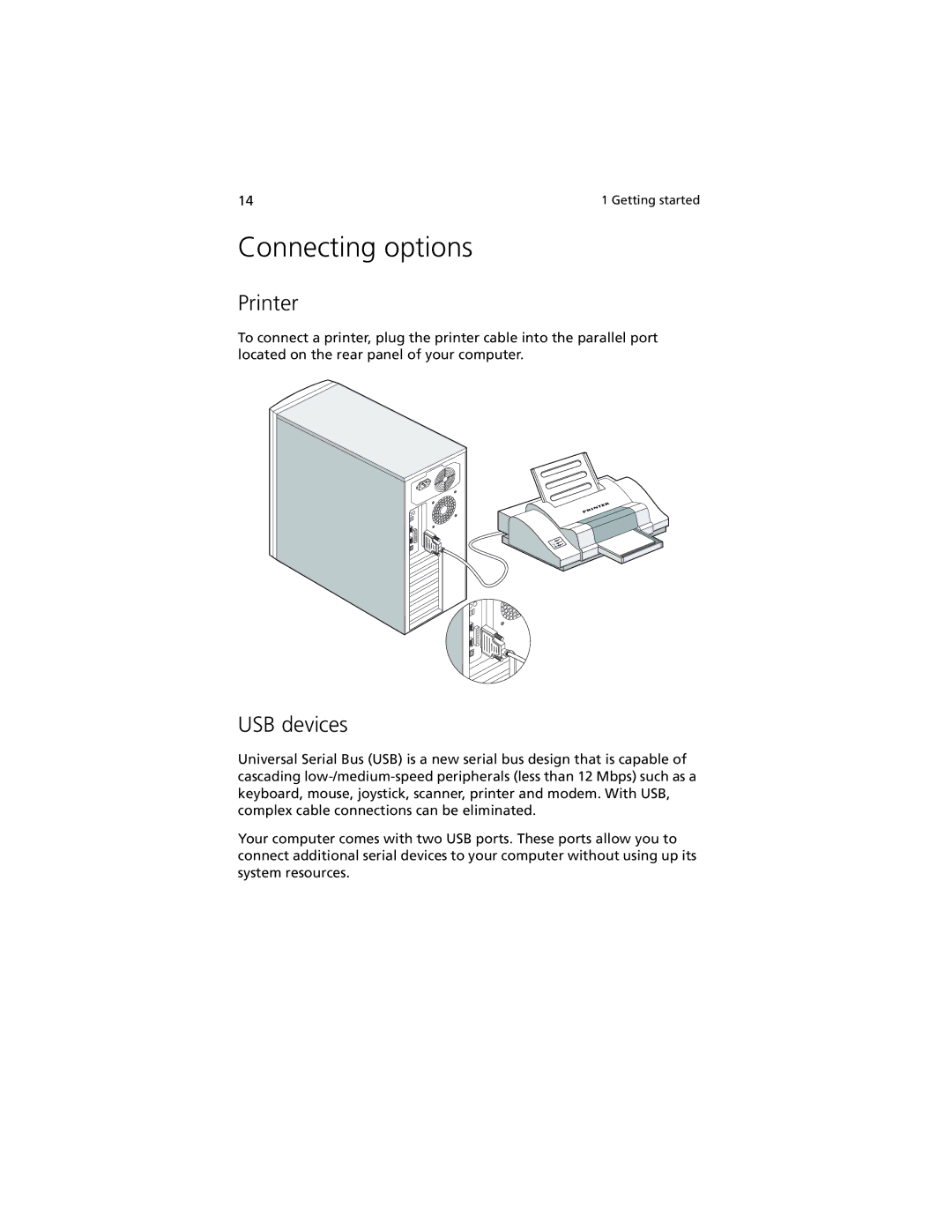 Acer G301 manual Connecting options, Printer, USB devices 