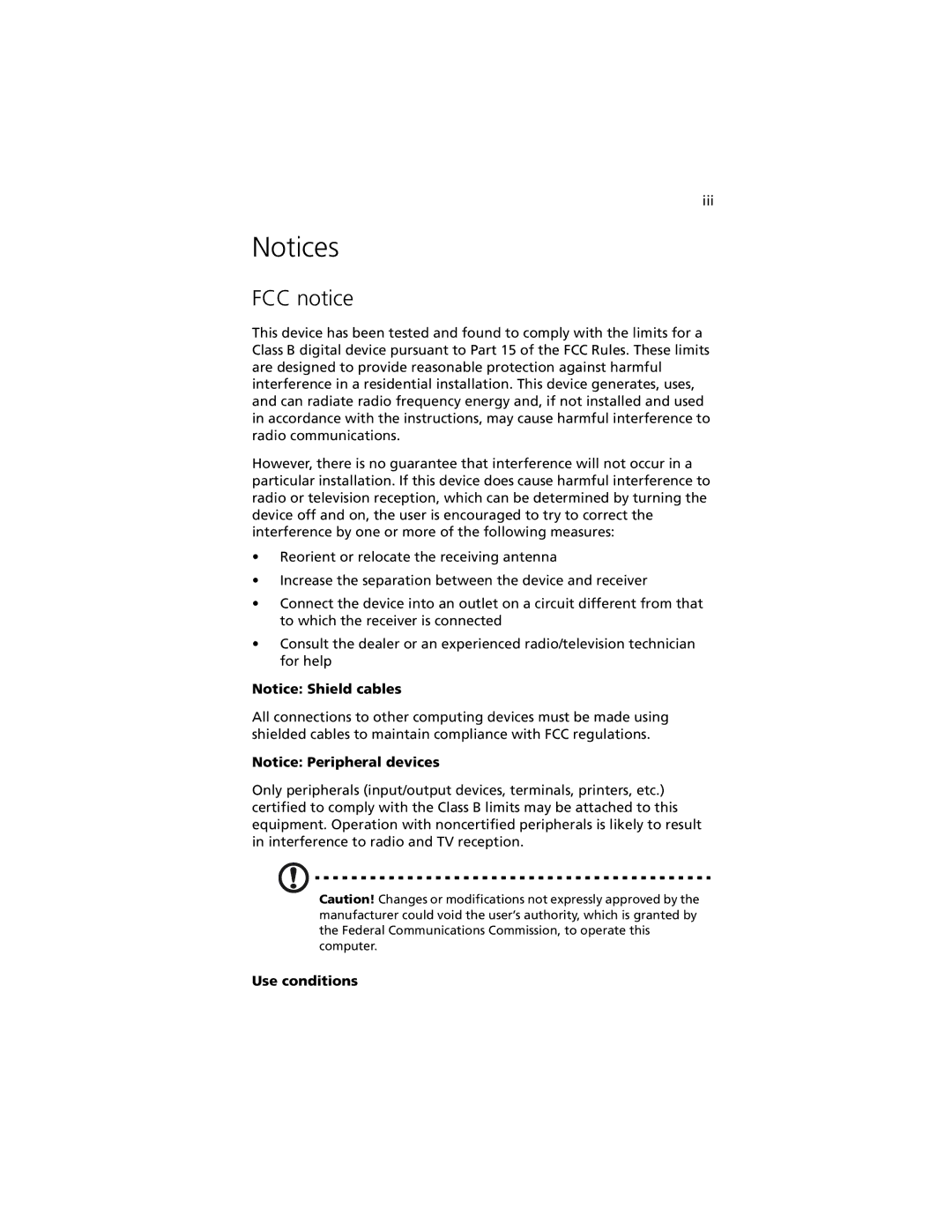 Acer G301 manual FCC notice, Use conditions 