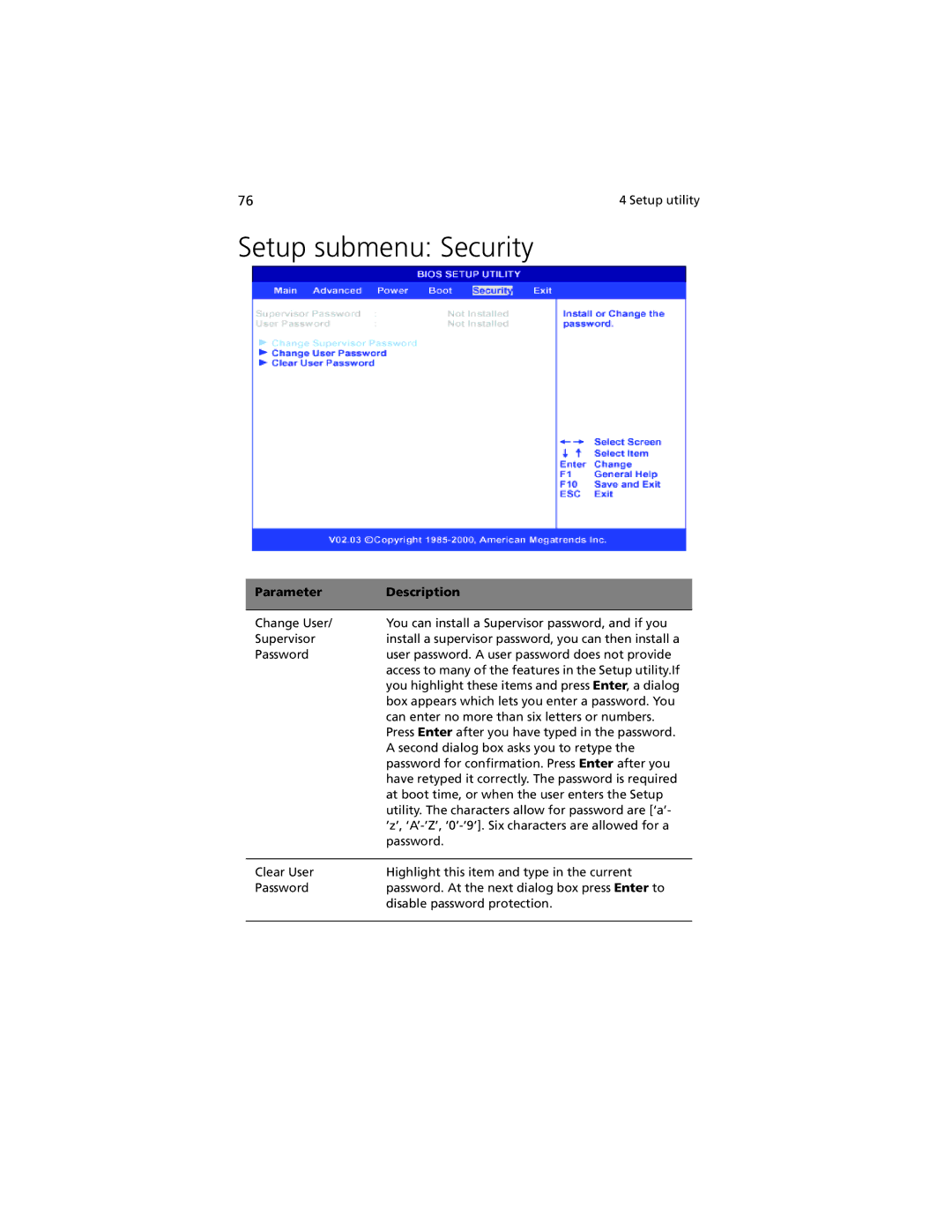 Acer G301 manual Setup submenu Security 