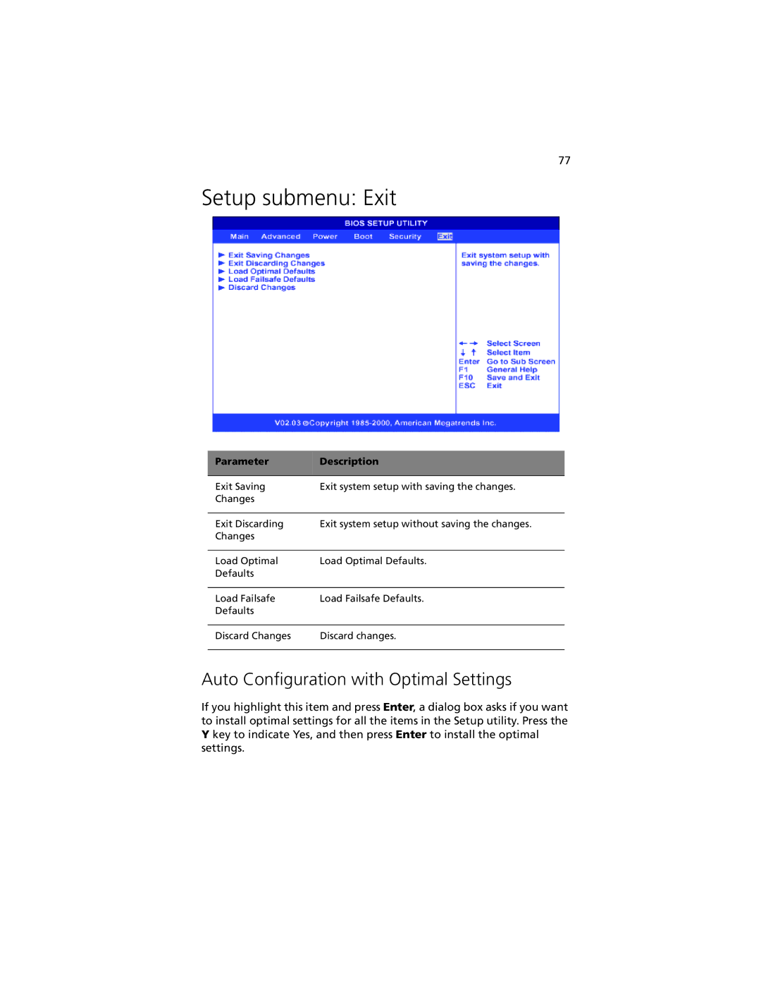 Acer G301 manual Setup submenu Exit, Auto Configuration with Optimal Settings 