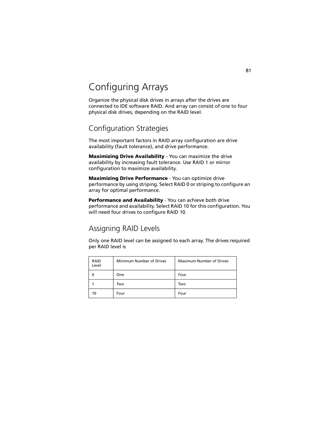 Acer G301 manual Configuring Arrays, Configuration Strategies, Assigning RAID Levels 