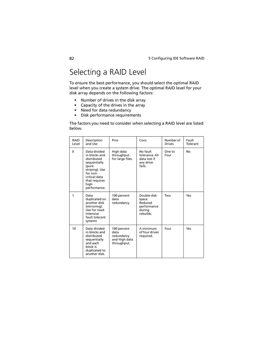 Acer G301 manual Selecting a RAID Level 