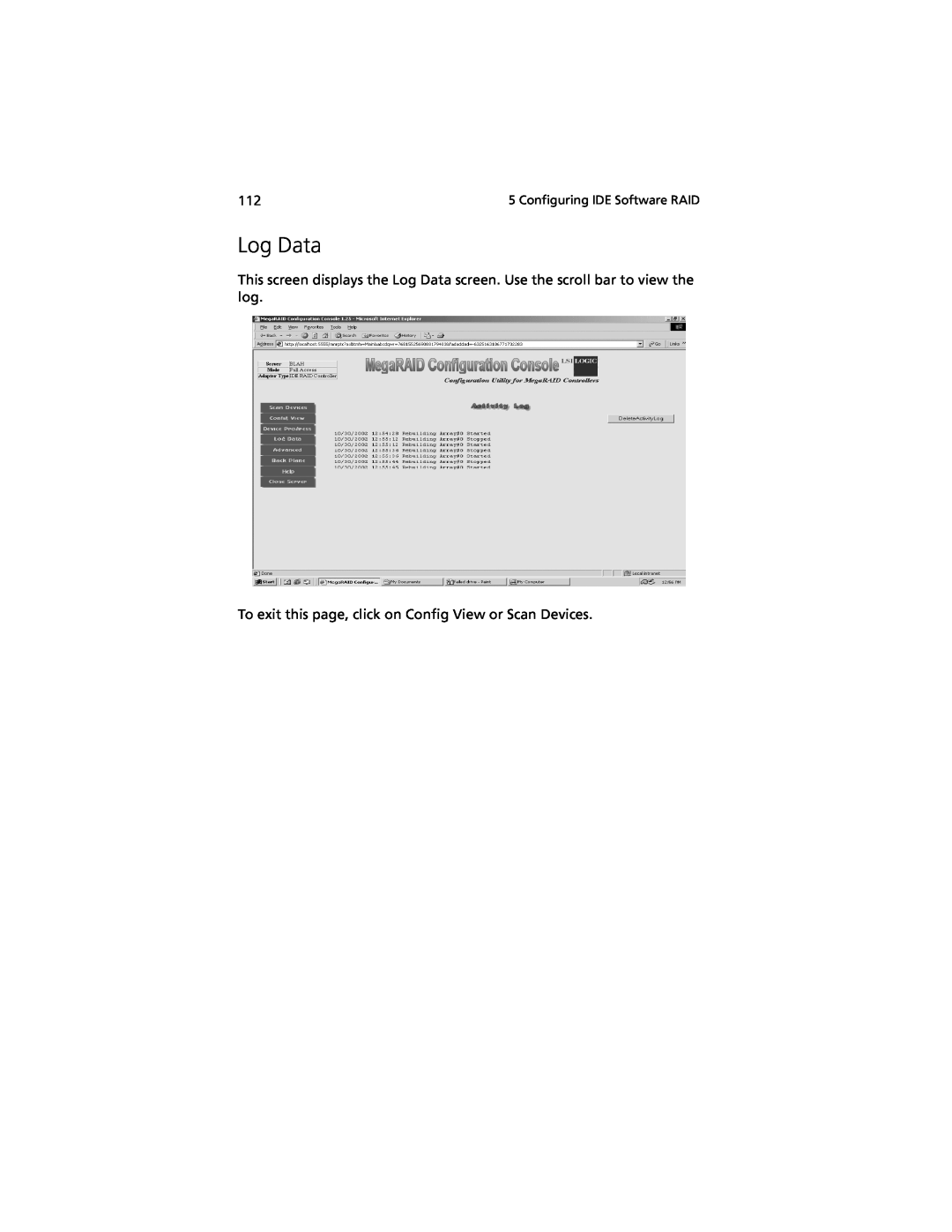 Acer G301 manual Log Data, To exit this page, click on Config View or Scan Devices 