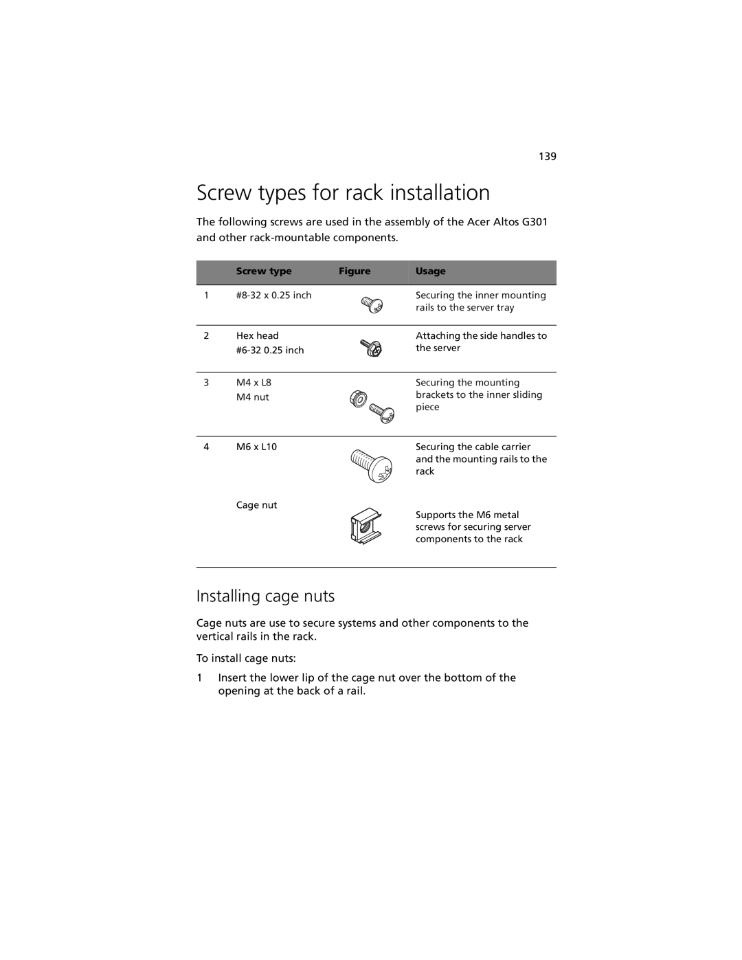 Acer G301 manual Screw types for rack installation, Installing cage nuts 