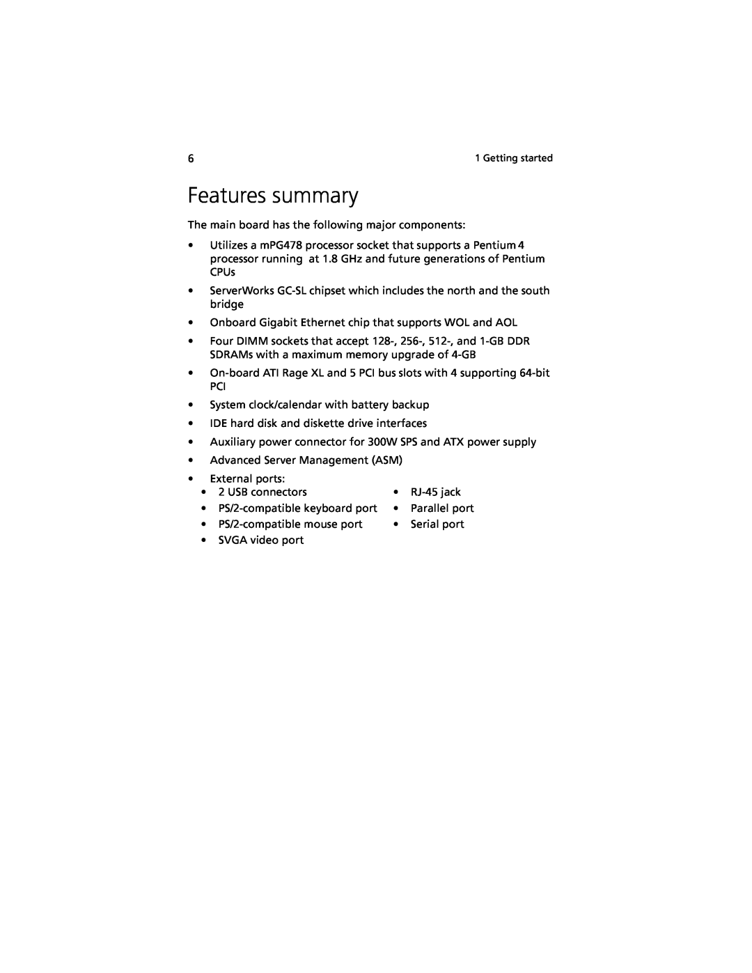 Acer G301 manual Features summary 