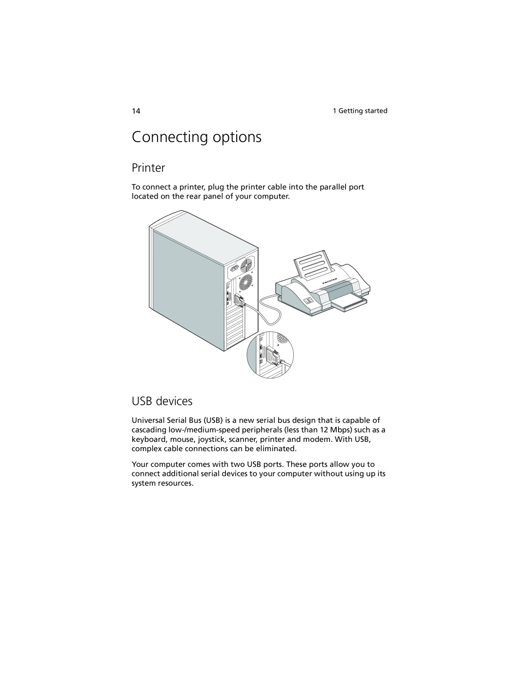 Acer G301 manual Connecting options, Printer, USB devices 