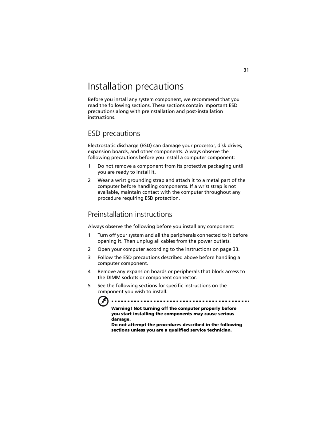 Acer G301 manual Installation precautions, ESD precautions, Preinstallation instructions 