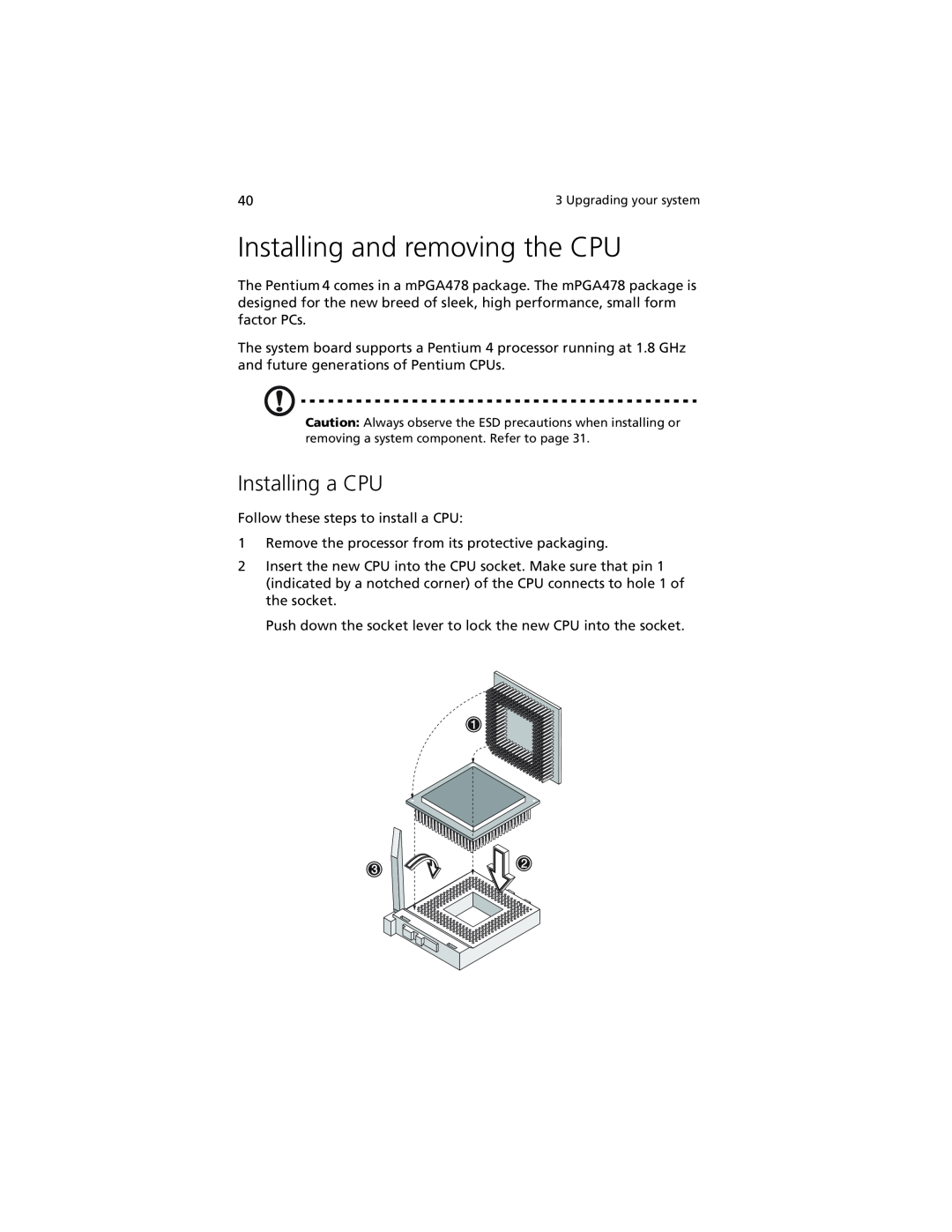 Acer G301 manual Installing and removing the CPU, Installing a CPU 