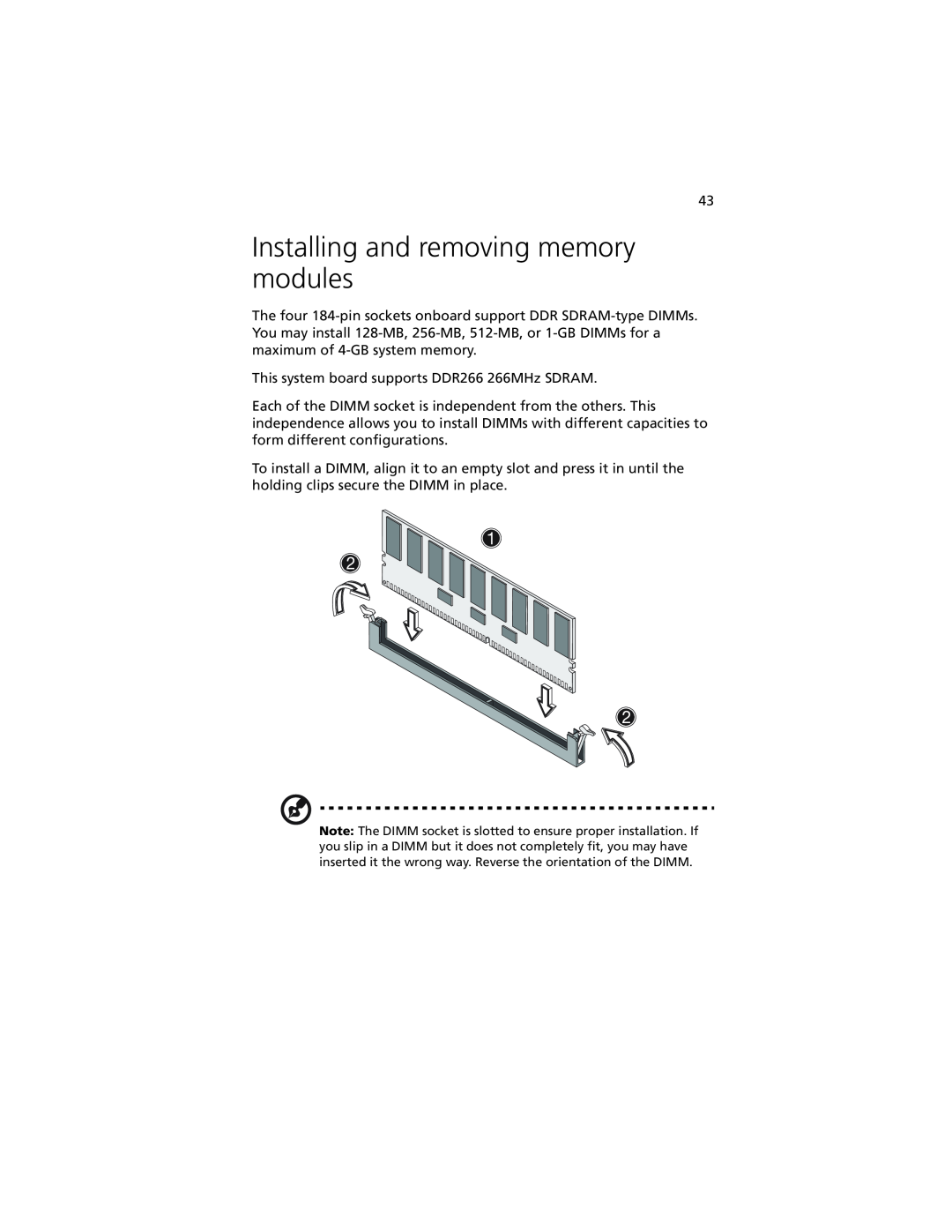 Acer G301 manual Installing and removing memory modules 