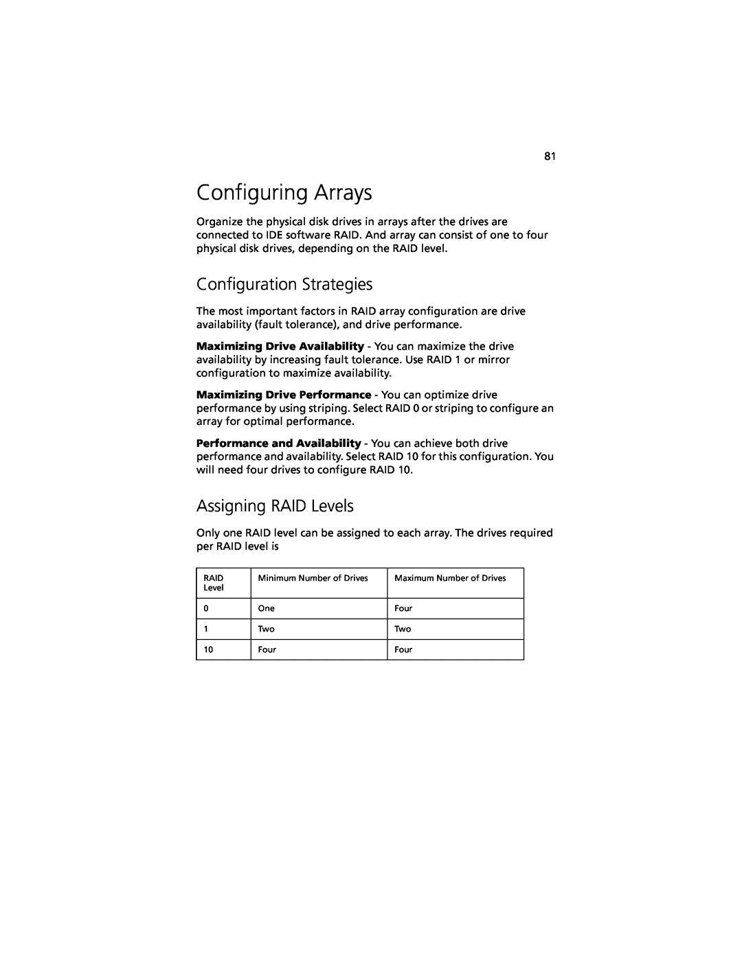 Acer G301 manual Configuring Arrays, Configuration Strategies, Assigning RAID Levels 