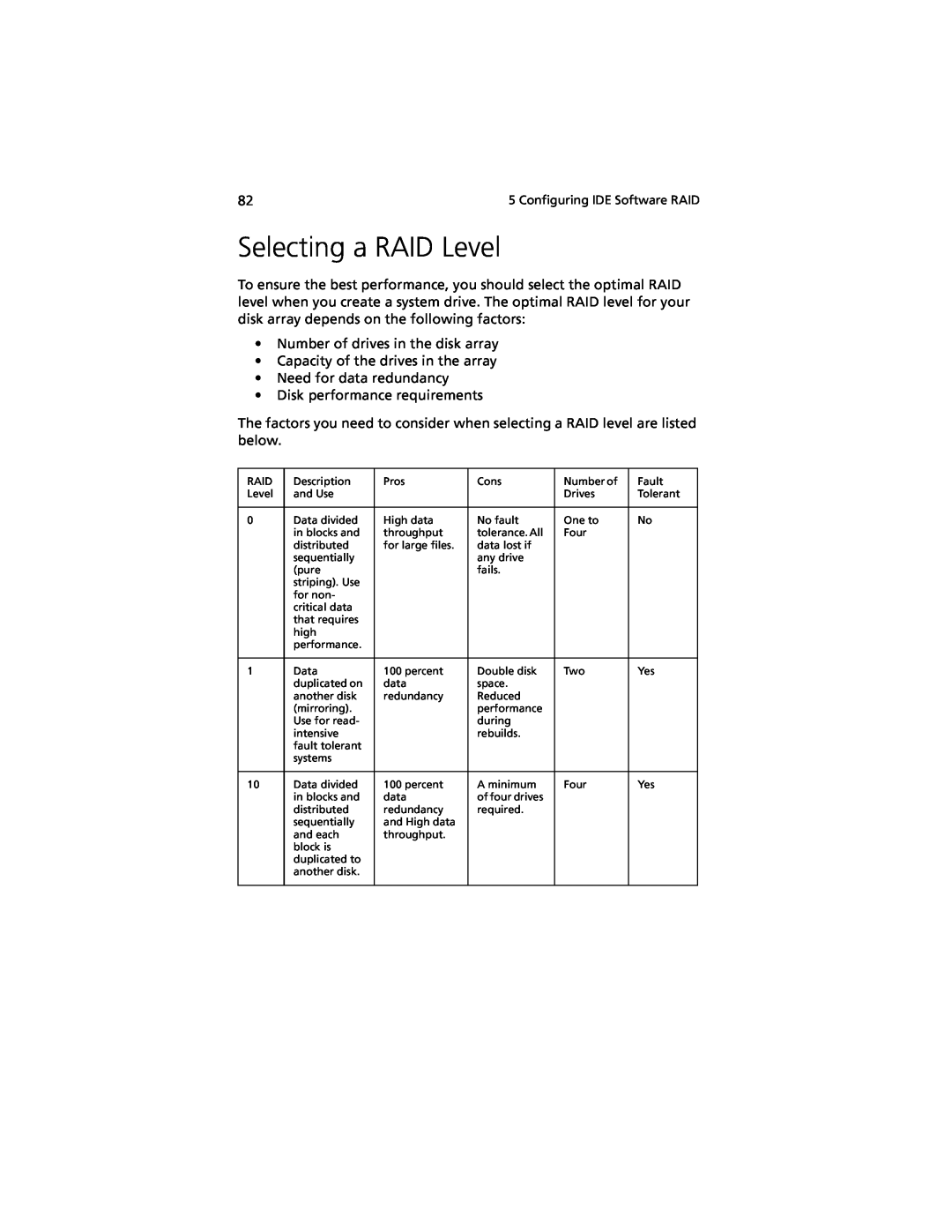 Acer G301 manual Selecting a RAID Level 