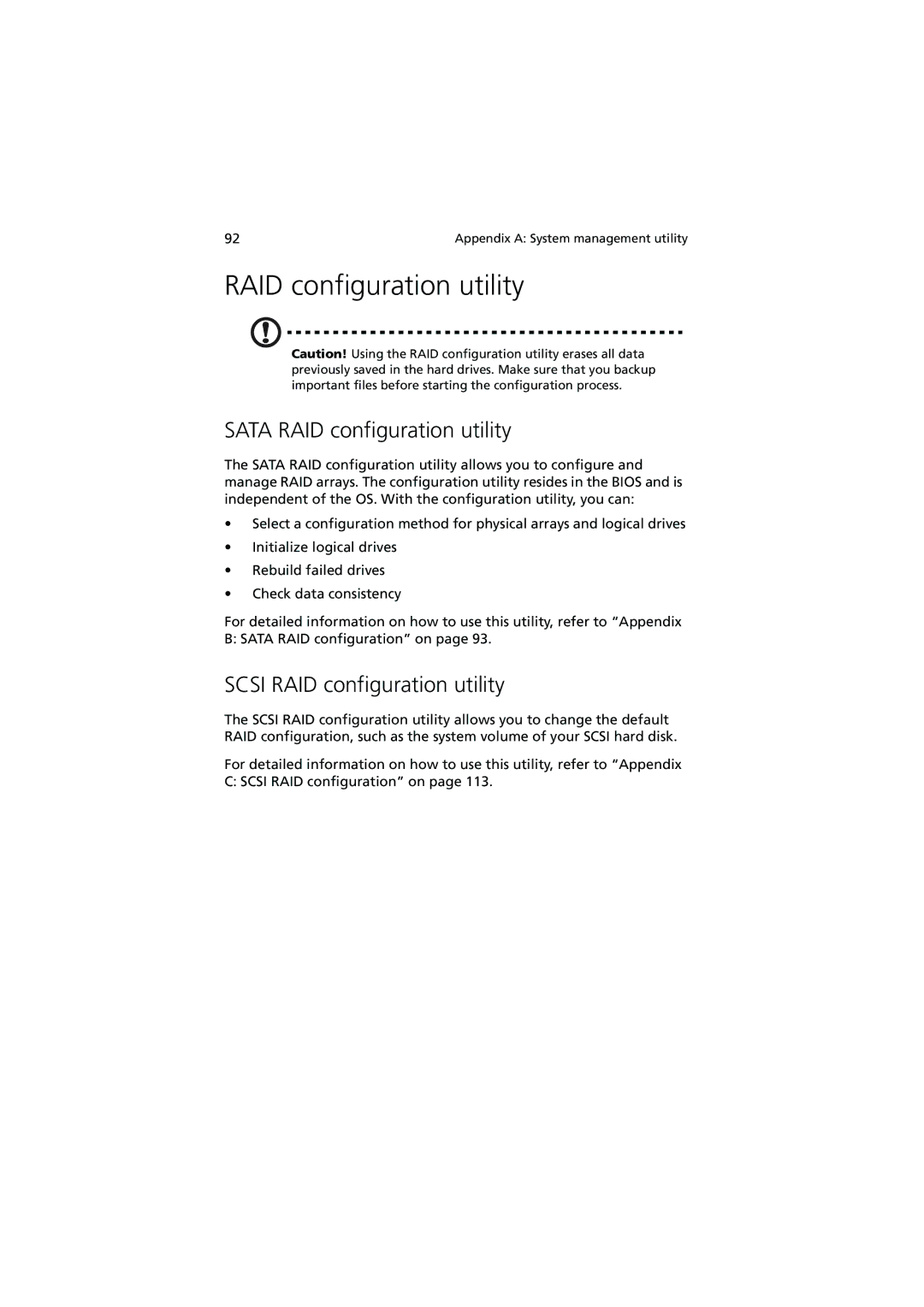 Acer G320 Series manual Sata RAID configuration utility, Scsi RAID configuration utility 