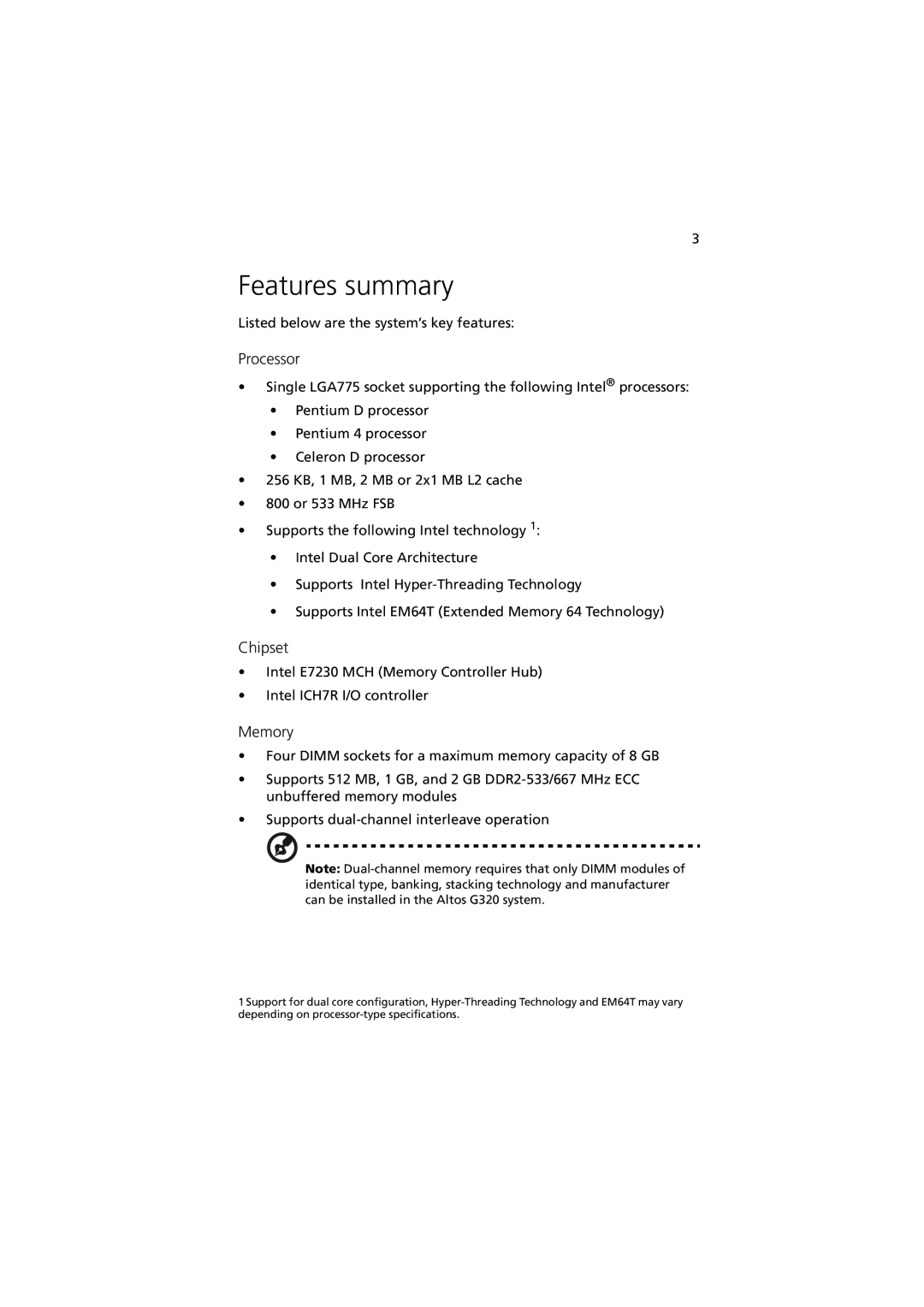 Acer G320 Series manual Features summary, Processor, Chipset, Memory 