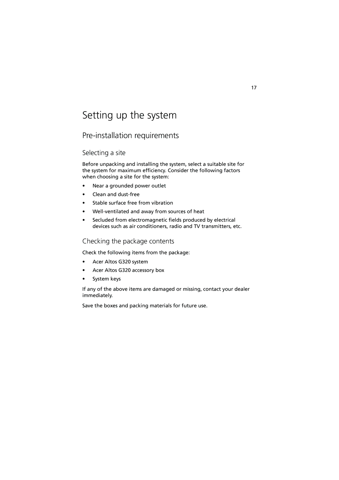 Acer G320 Series Setting up the system, Pre-installation requirements, Selecting a site, Checking the package contents 