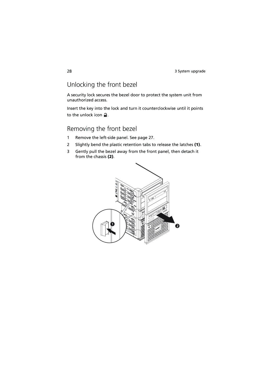 Acer G320 Series manual Unlocking the front bezel, Removing the front bezel 