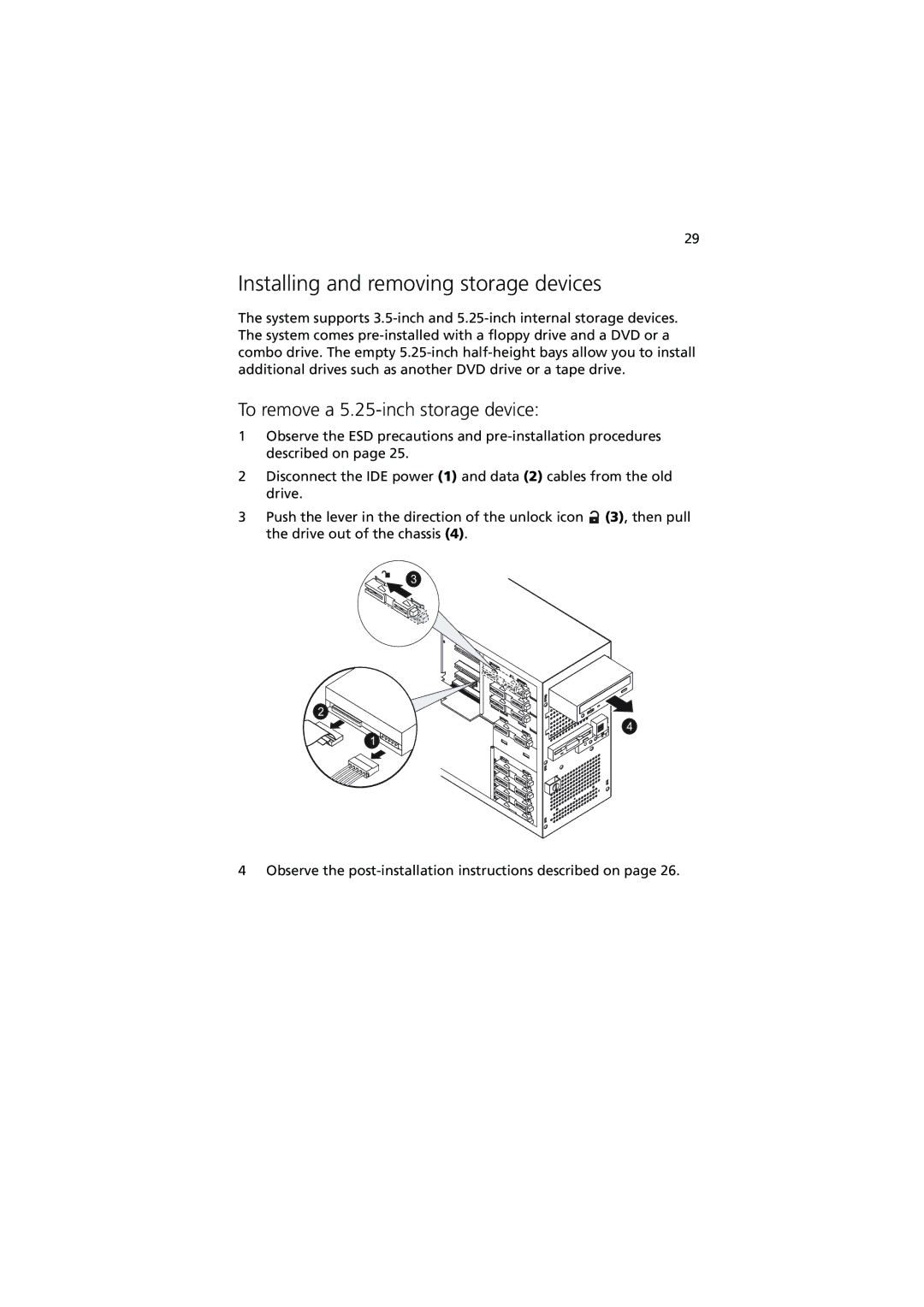 Acer G320 Series manual Installing and removing storage devices, To remove a 5.25-inch storage device 