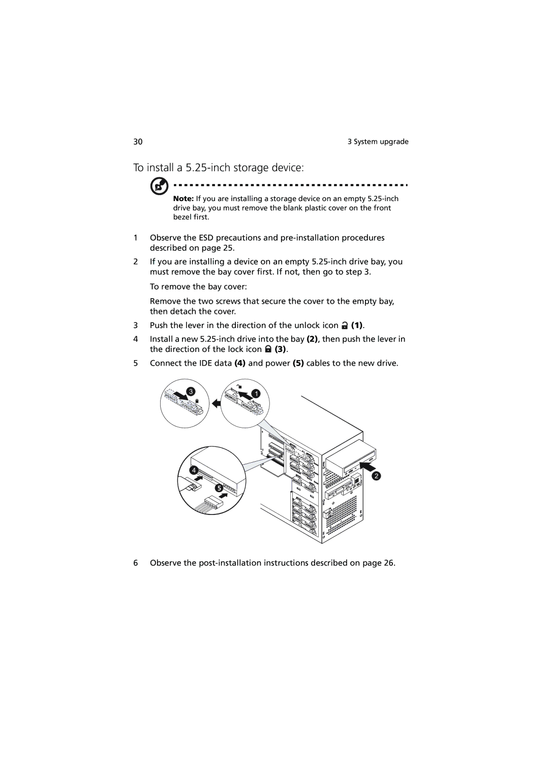 Acer G320 Series manual To install a 5.25-inch storage device 