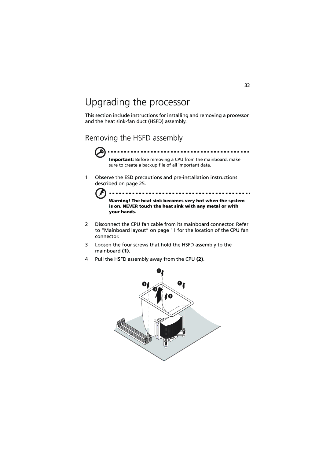 Acer G320 Series manual Upgrading the processor, Removing the Hsfd assembly 