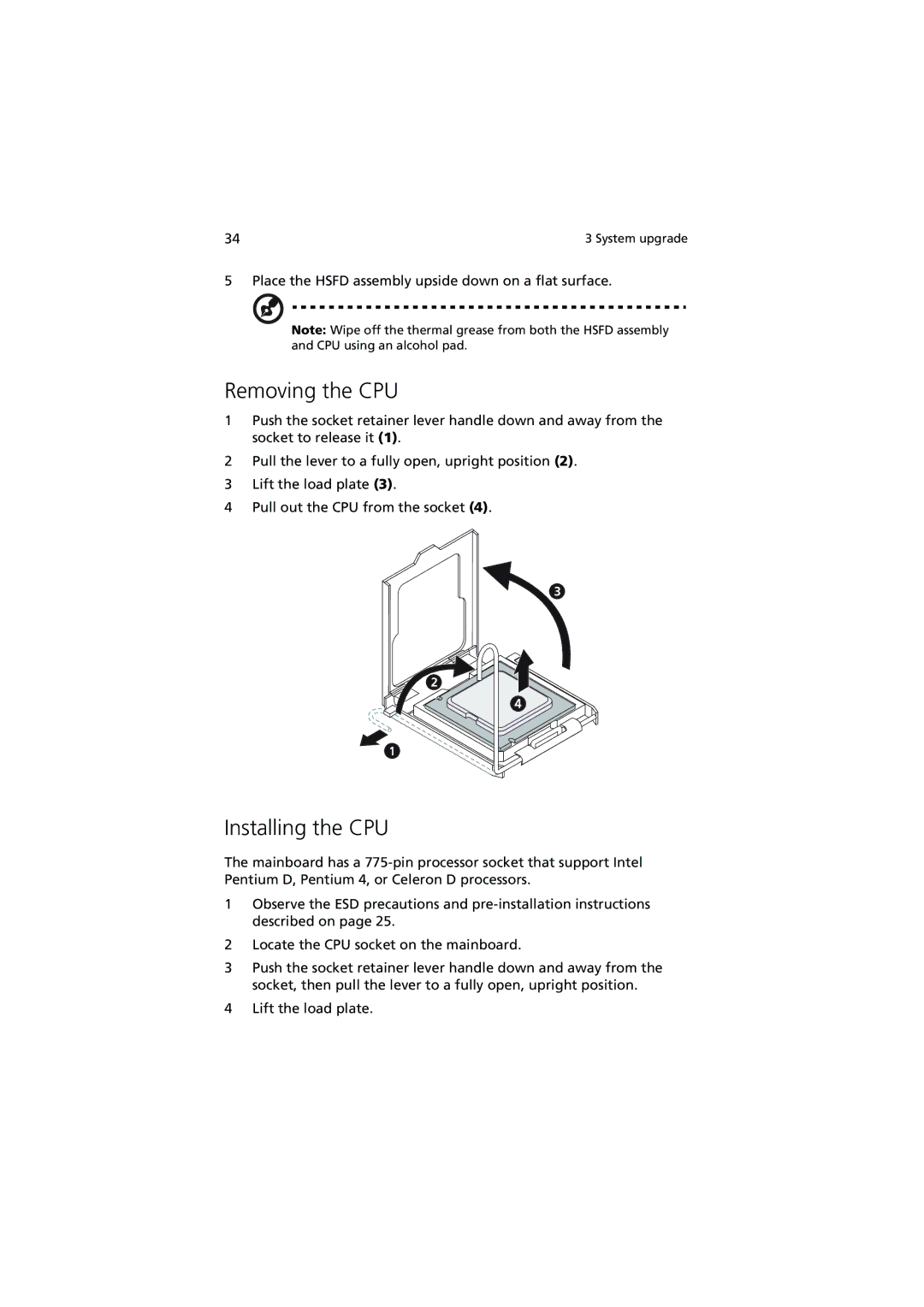 Acer G320 Series manual Removing the CPU, Installing the CPU 