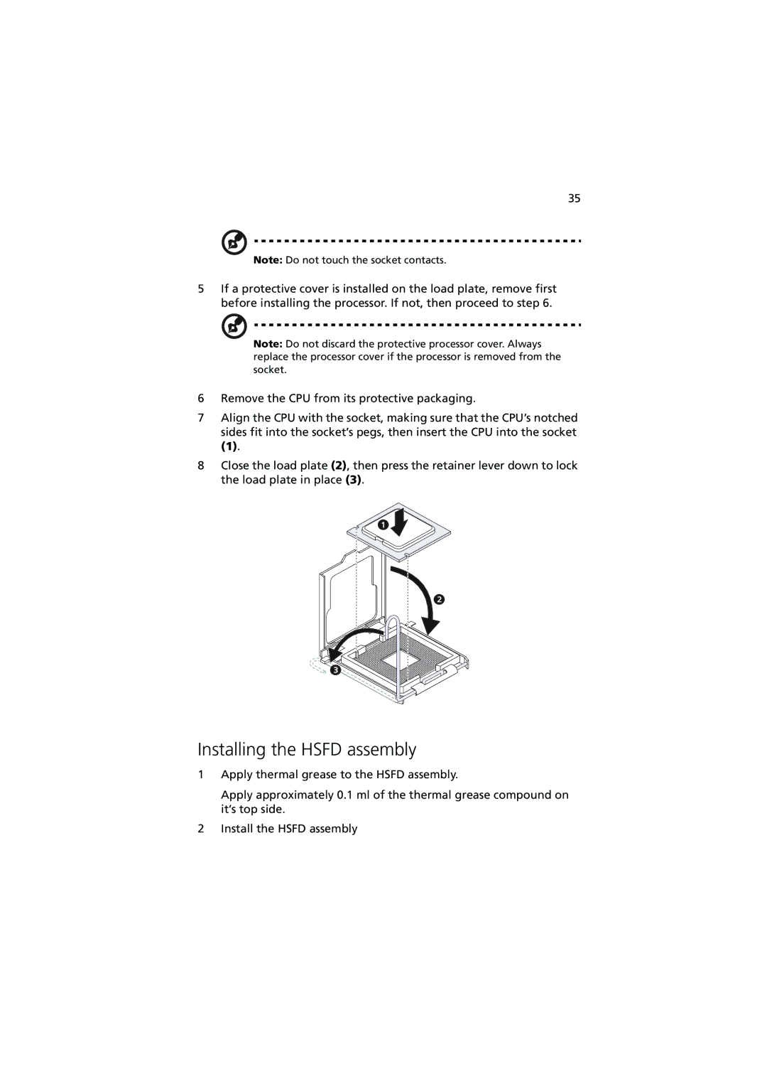 Acer G320 Series manual Installing the Hsfd assembly 