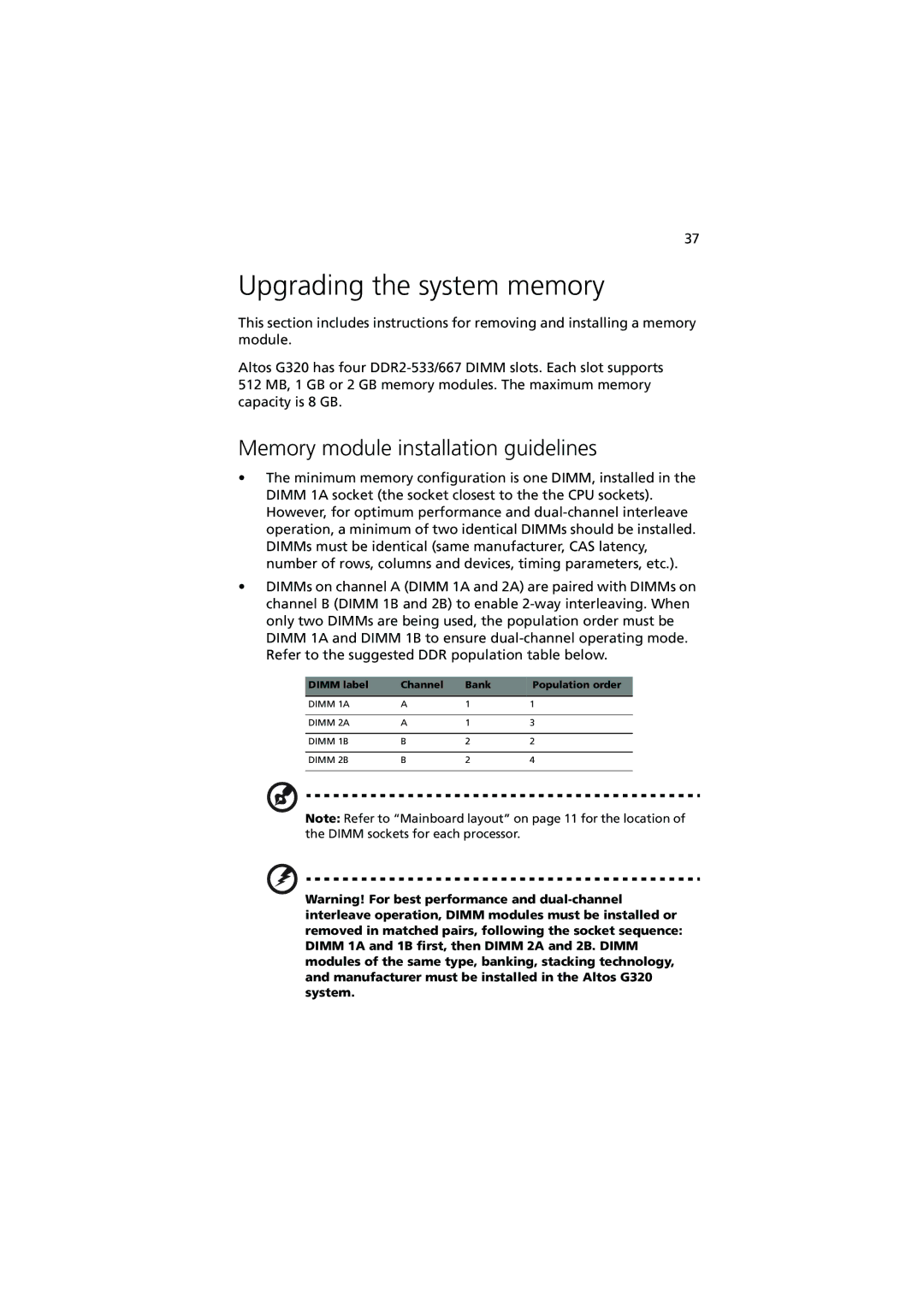 Acer G320 Series manual Upgrading the system memory, Memory module installation guidelines 