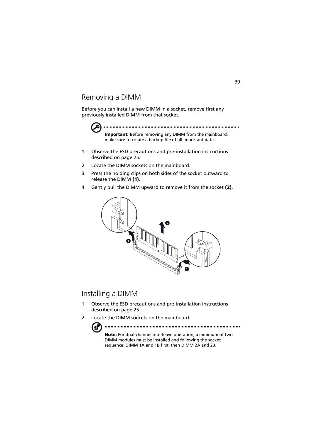 Acer G320 Series manual Removing a Dimm, Installing a Dimm 