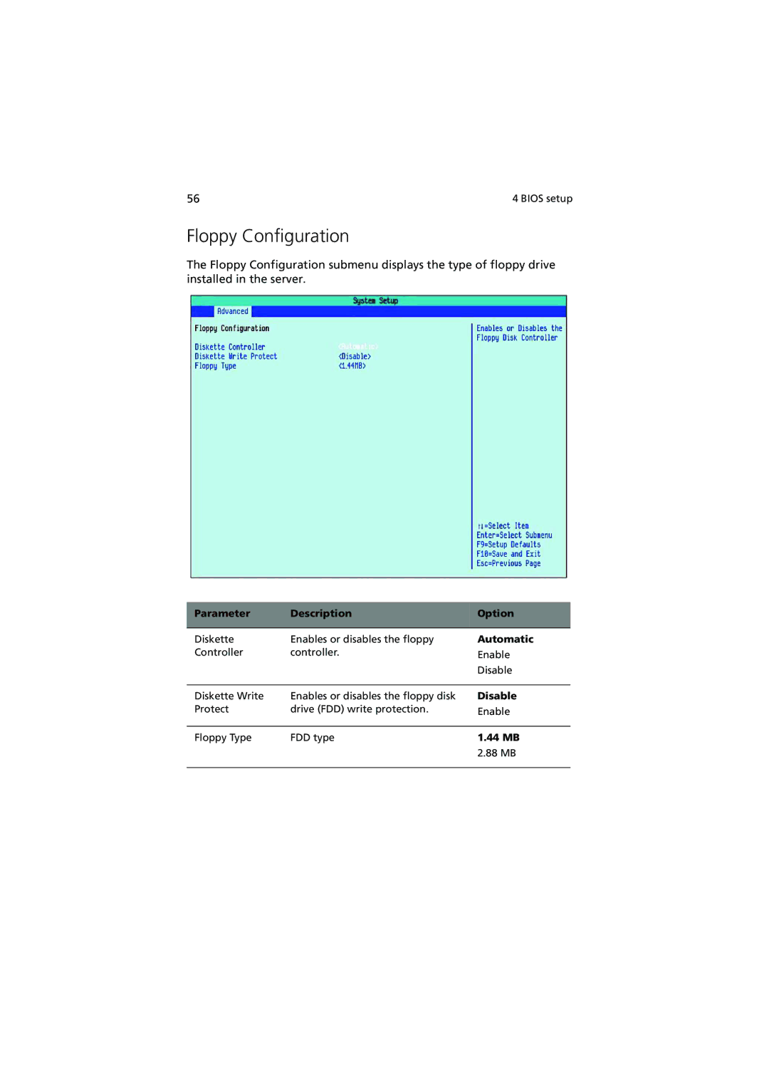 Acer G320 Series manual Floppy Configuration, Automatic, 44 MB 