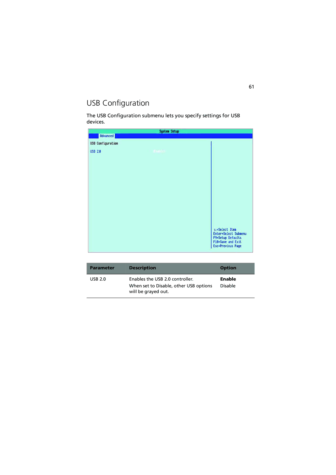 Acer G320 Series manual USB Configuration, Enable 