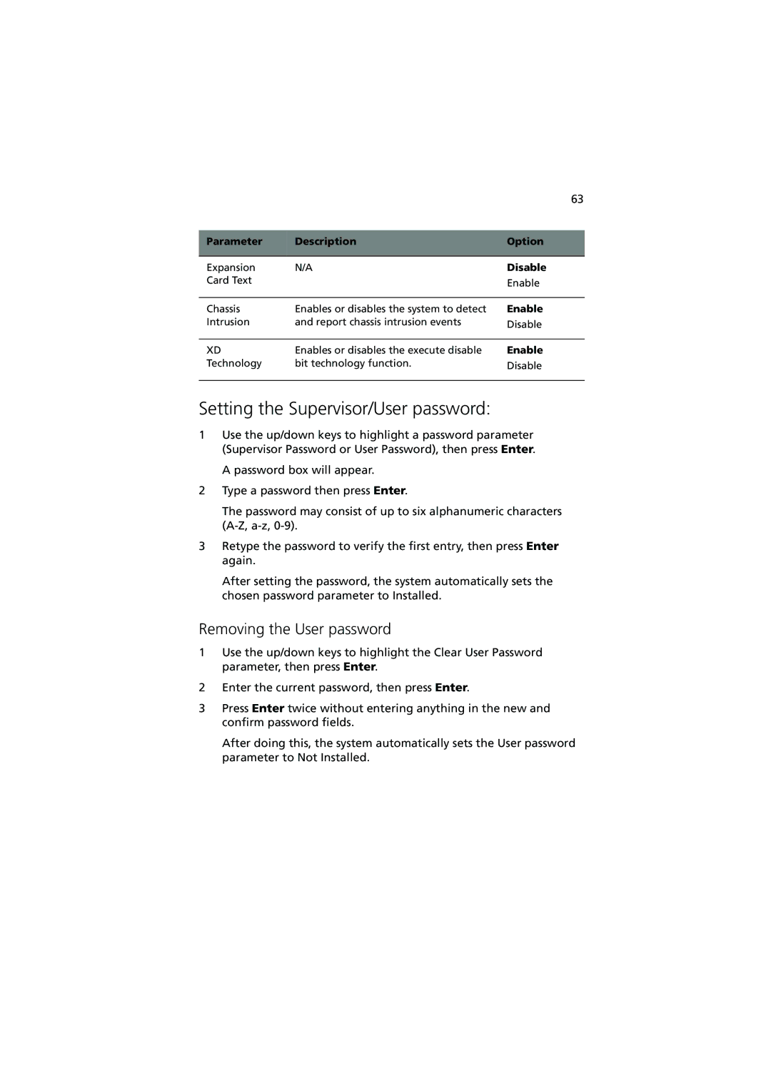 Acer G320 Series manual Setting the Supervisor/User password, Removing the User password 