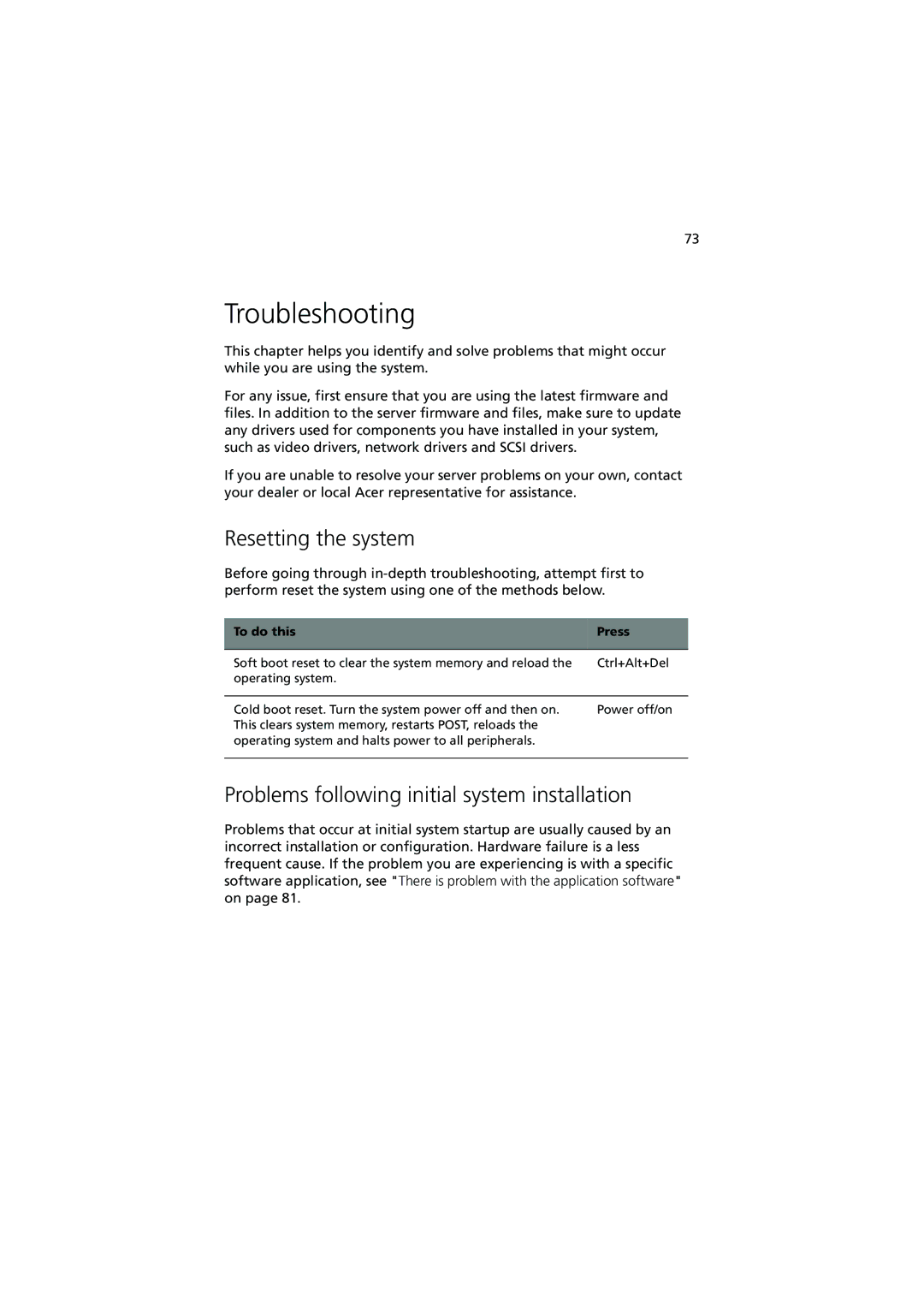 Acer G320 Series Troubleshooting, Resetting the system, Problems following initial system installation, To do this Press 