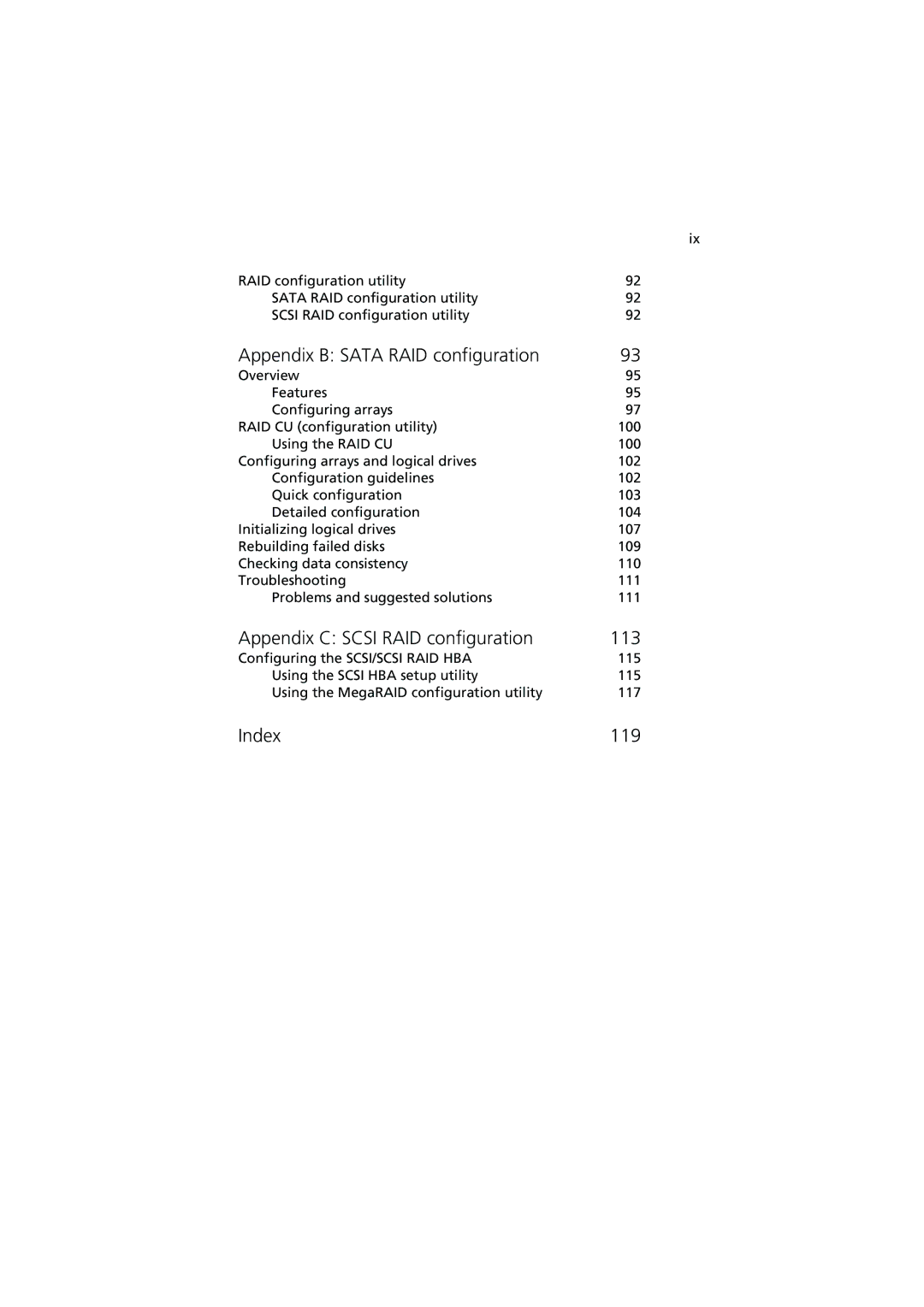 Acer G320 Series manual Appendix B Sata RAID configuration, Appendix C Scsi RAID configuration 113, Index 119 