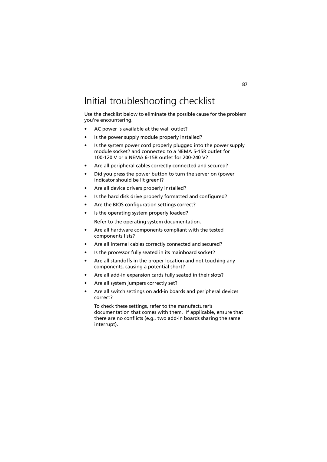 Acer G330 Series manual Initial troubleshooting checklist 