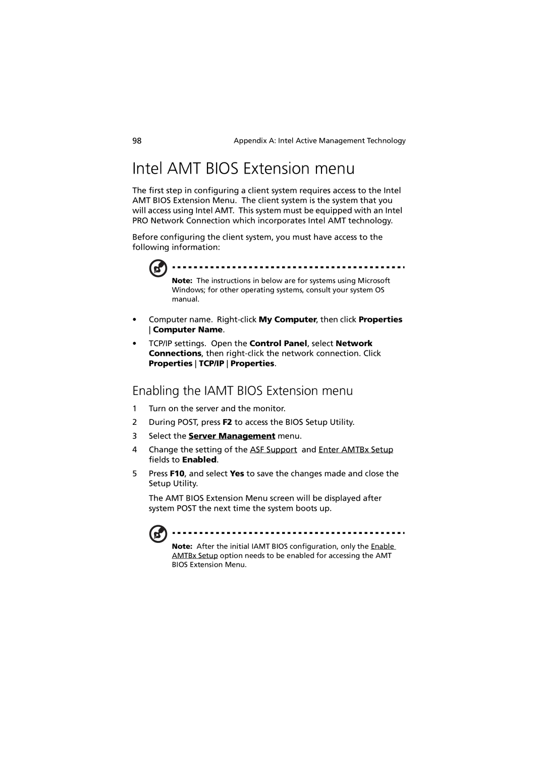 Acer G330 Series manual Intel AMT Bios Extension menu, Enabling the Iamt Bios Extension menu 