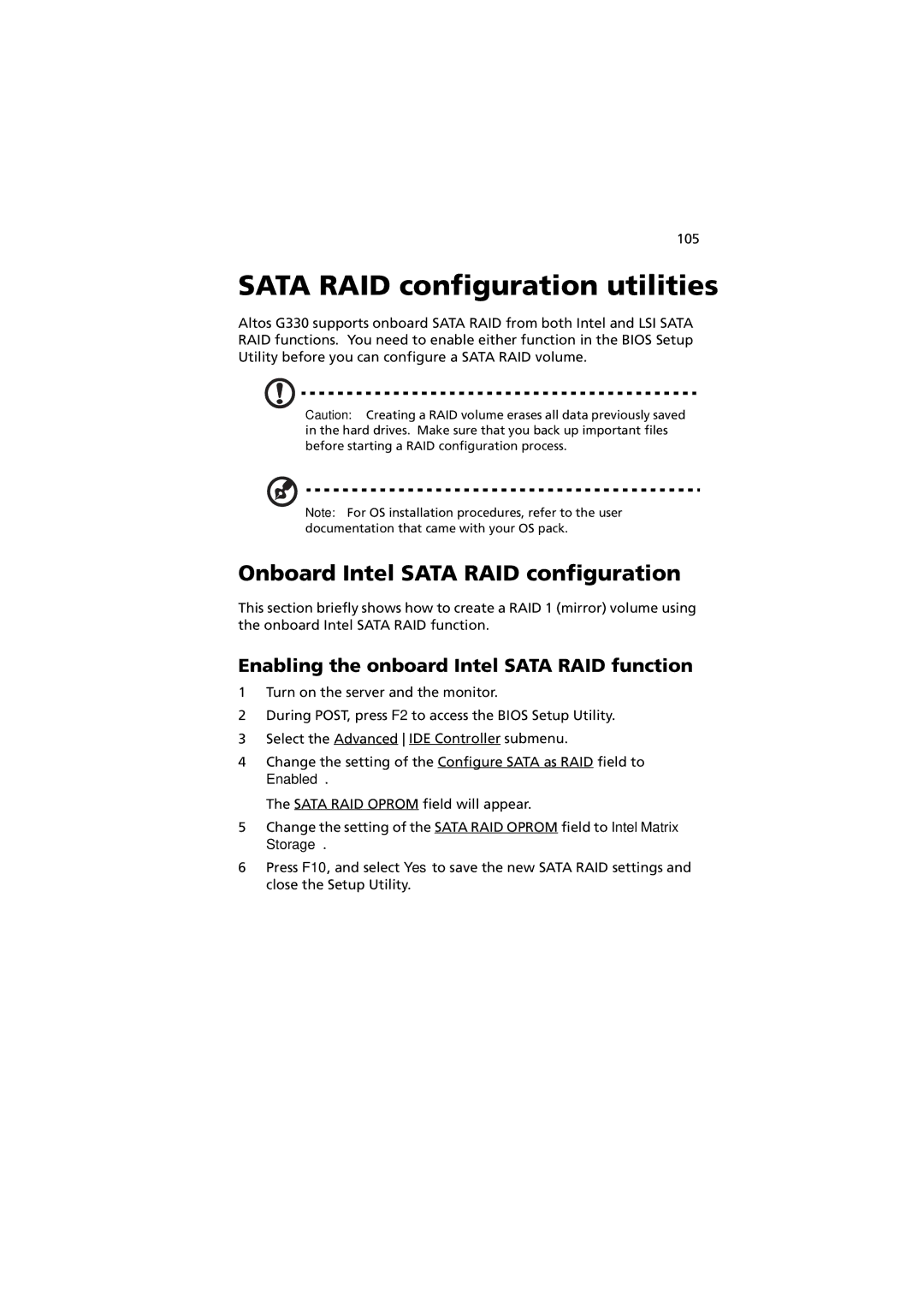 Acer G330 Series manual Sata RAID configuration utilities, Onboard Intel Sata RAID configuration 