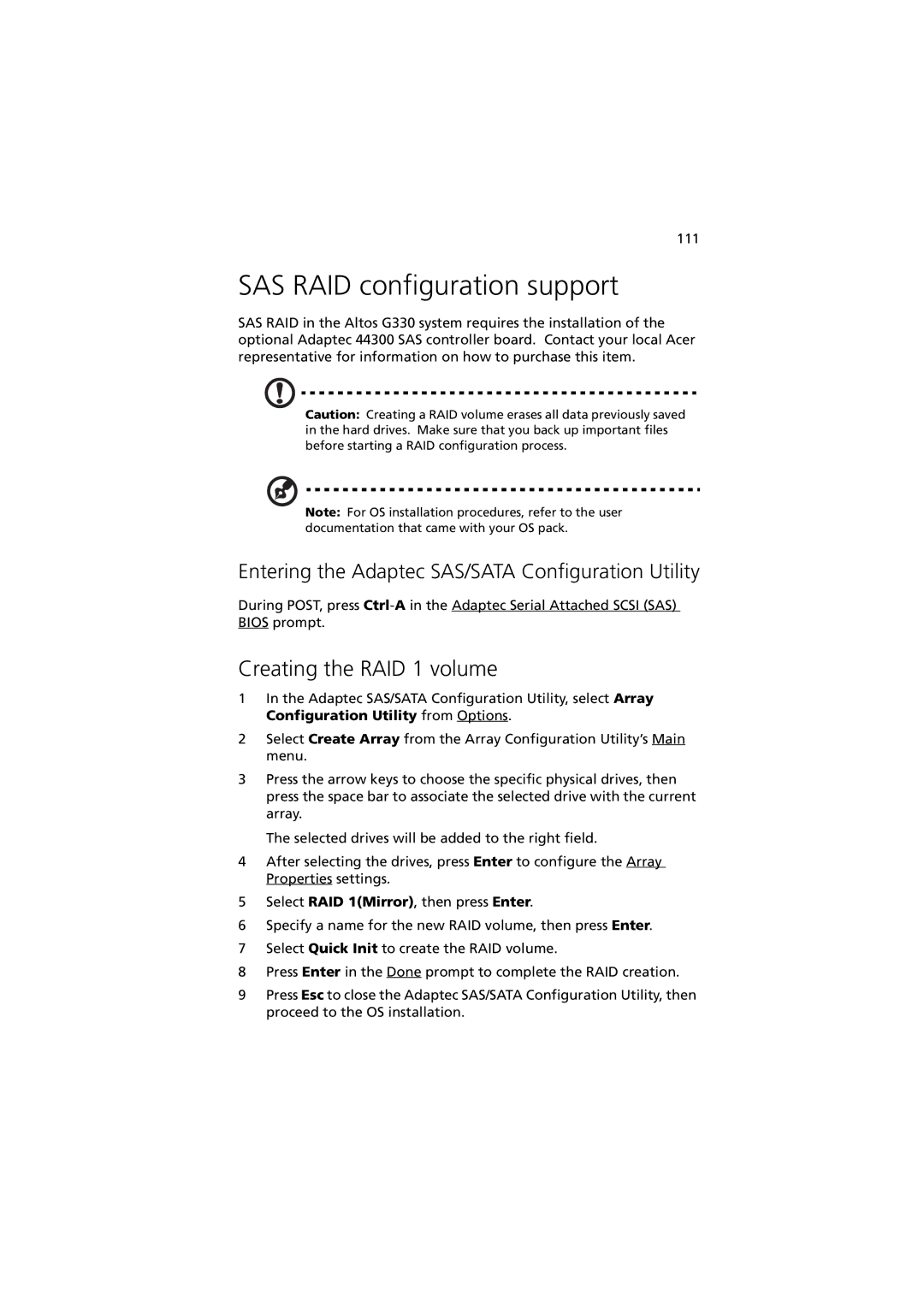 Acer G330 Series manual SAS RAID configuration support, Creating the RAID 1 volume 