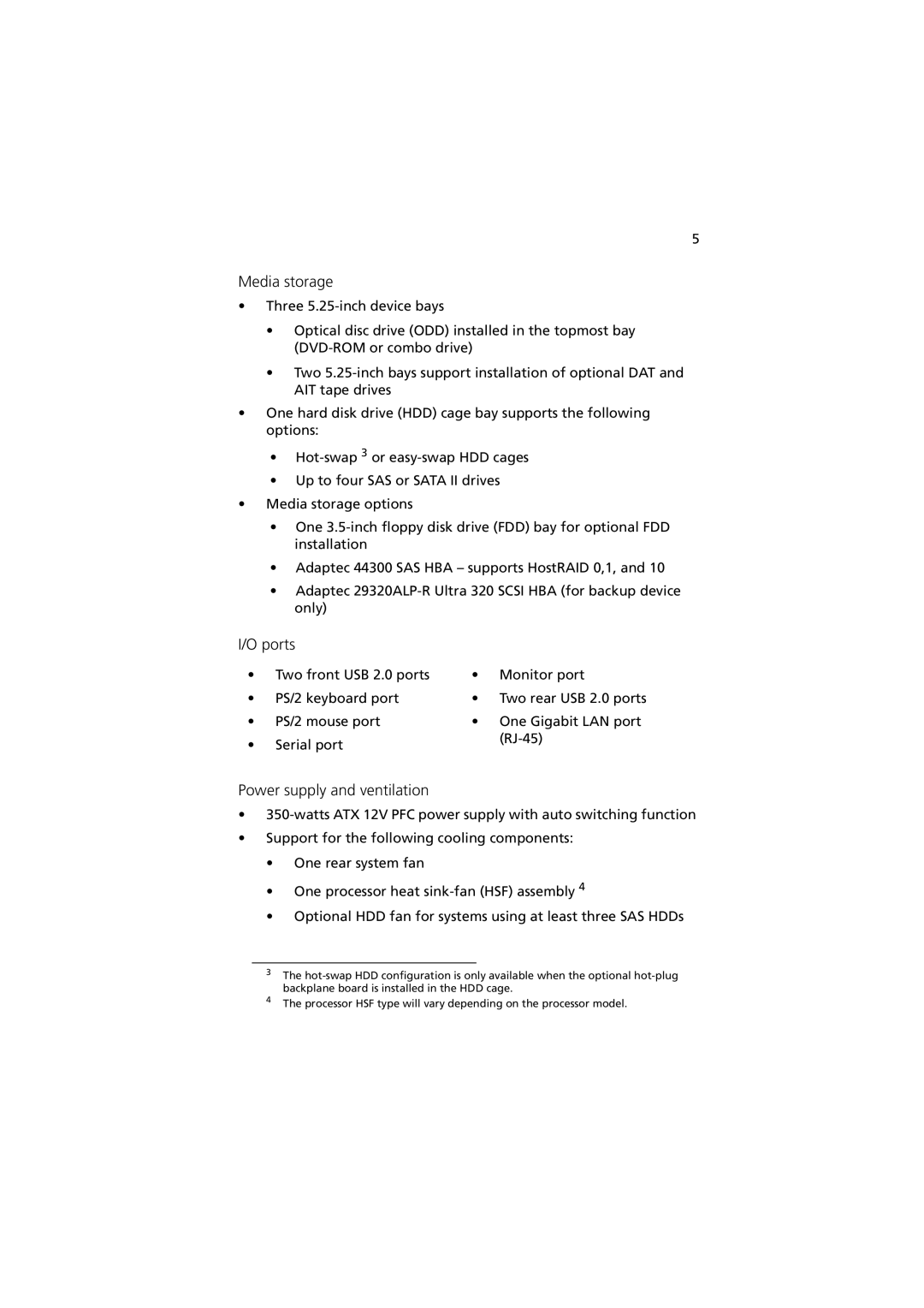 Acer G330 Series manual Media storage, Ports, Power supply and ventilation 