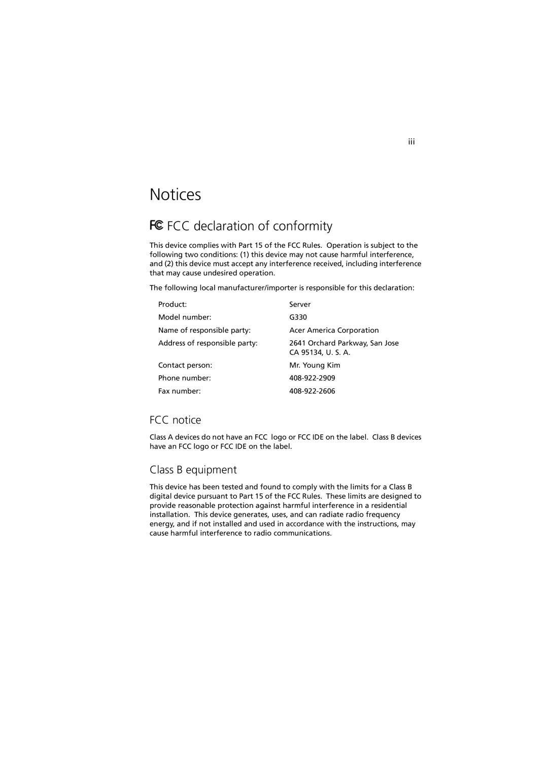 Acer G330 Series manual FCC declaration of conformity, FCC notice, Class B equipment 