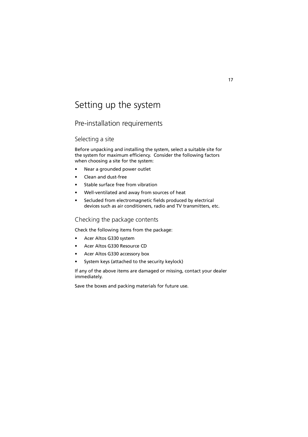 Acer G330 Series Setting up the system, Pre-installation requirements, Selecting a site, Checking the package contents 