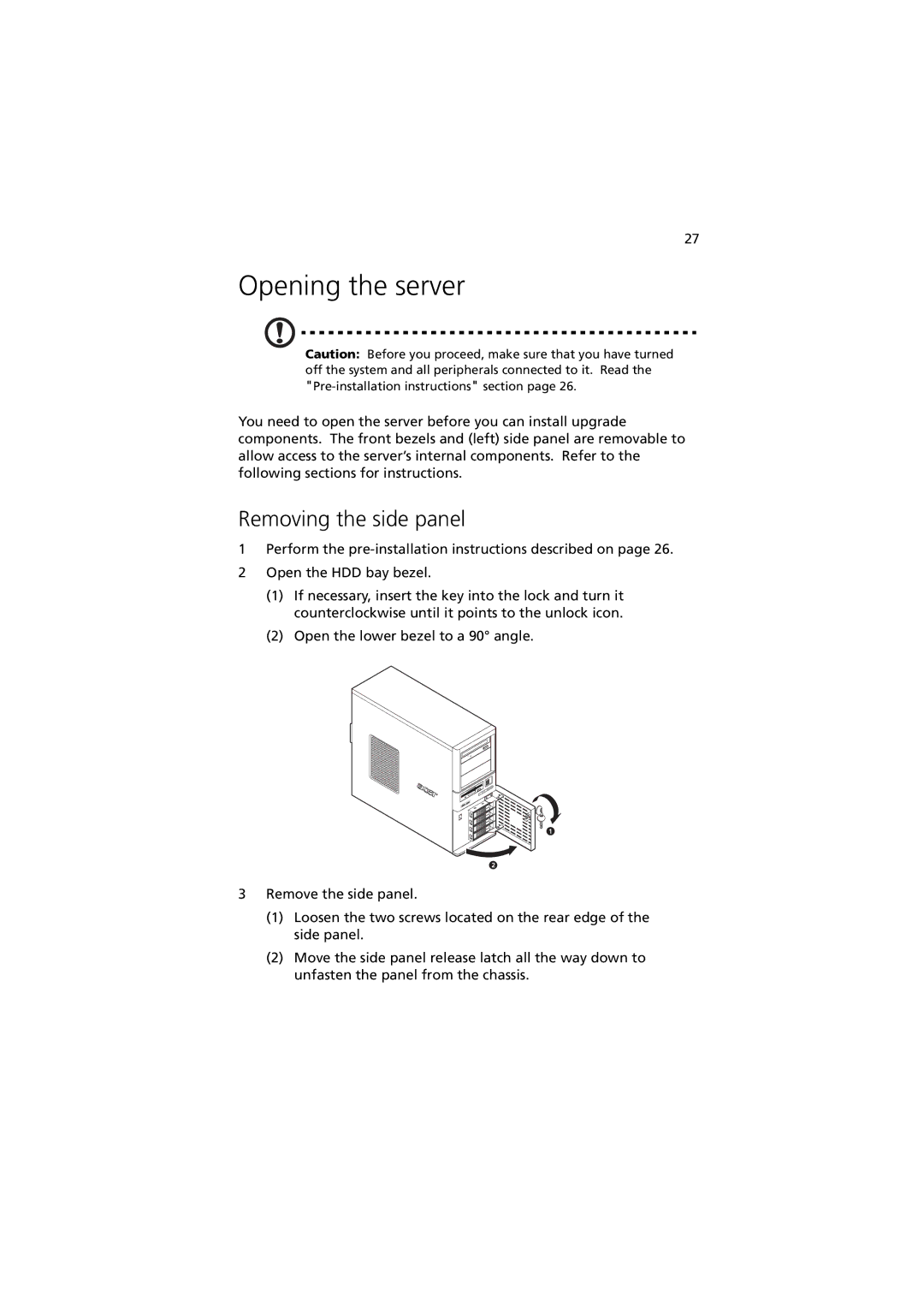 Acer G330 Series manual Opening the server, Removing the side panel 