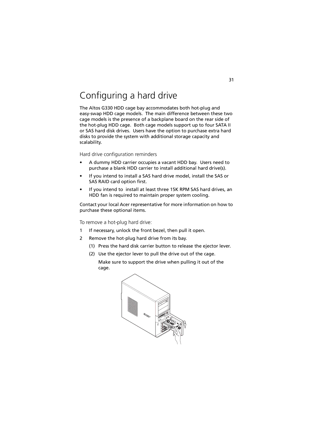 Acer G330 Series manual Configuring a hard drive, Hard drive configuration reminders, To remove a hot-plug hard drive 