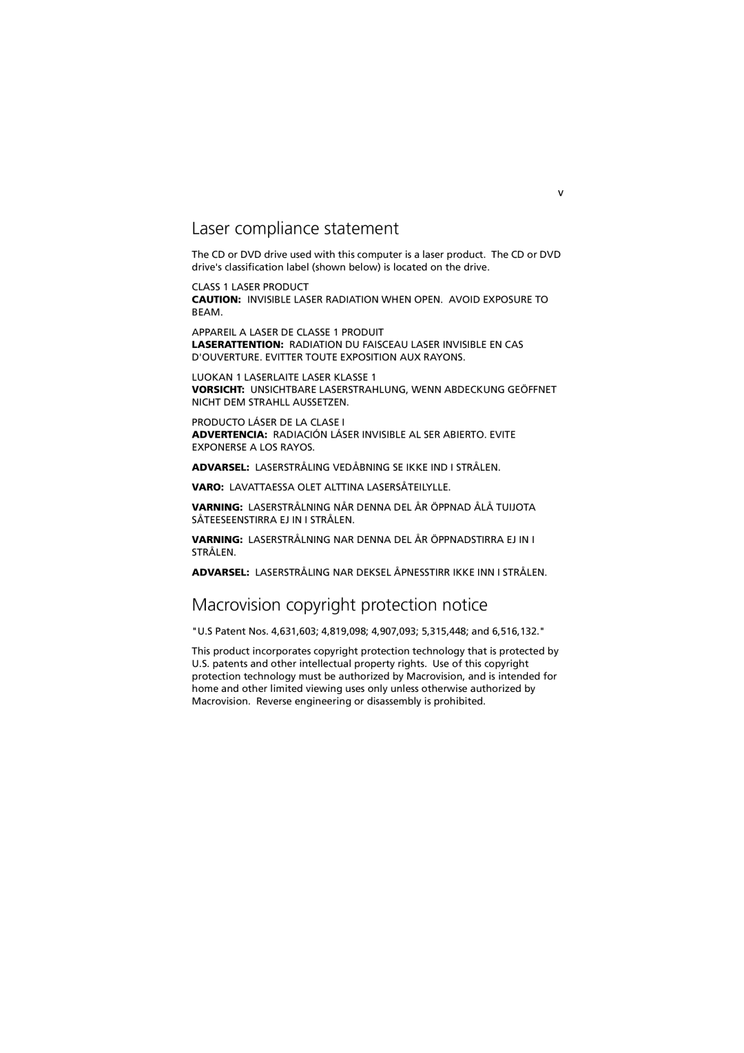 Acer G330 Series manual Laser compliance statement, Macrovision copyright protection notice 