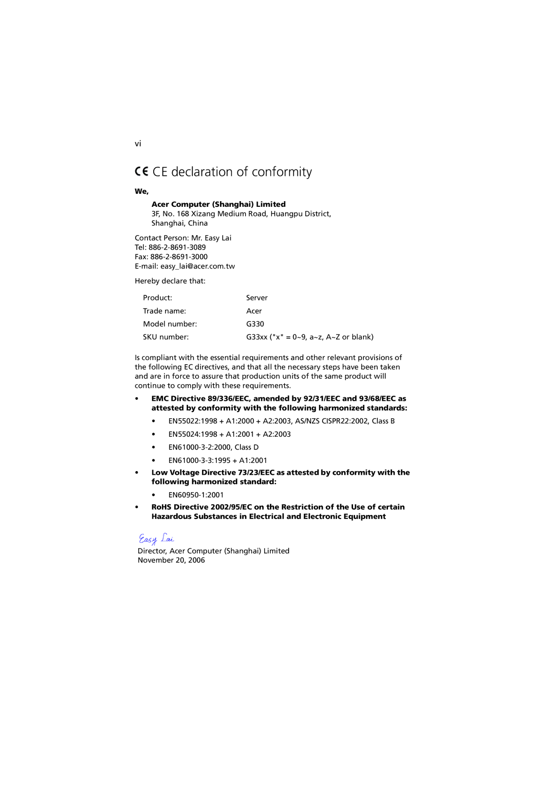 Acer G330 Series manual CE declaration of conformity, Acer Computer Shanghai Limited 