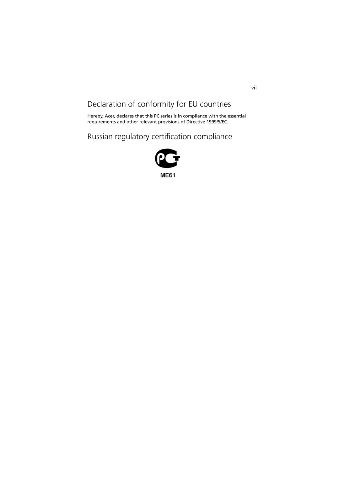 Acer G330 Series manual Declaration of conformity for EU countries, Russian regulatory certification compliance 