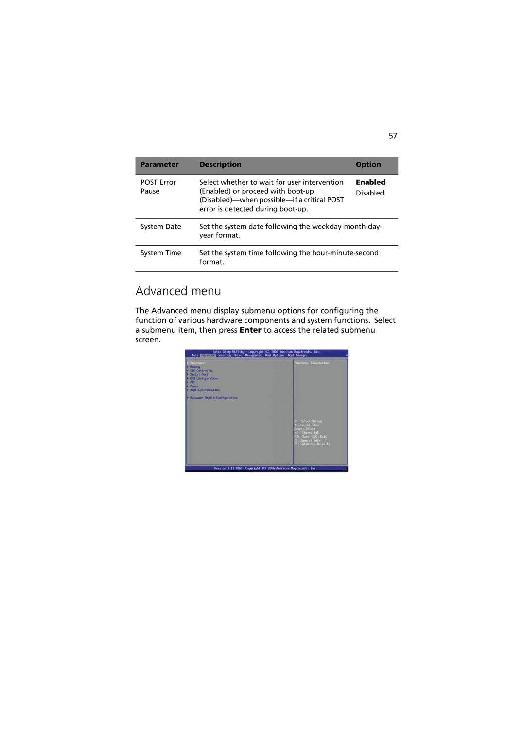 Acer G330 Series manual Advanced menu 