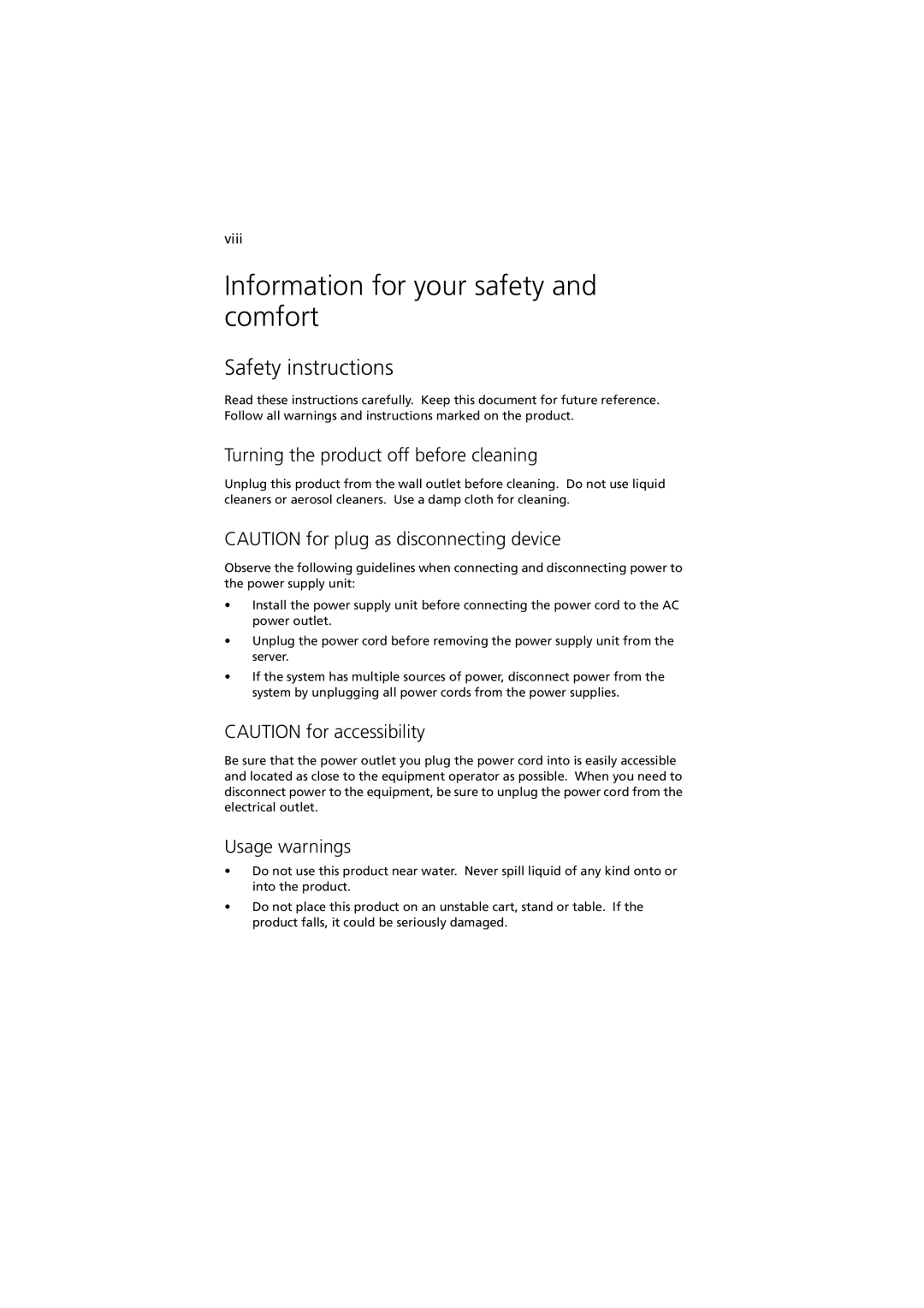 Acer G330 Series Information for your safety and comfort, Safety instructions, Turning the product off before cleaning 