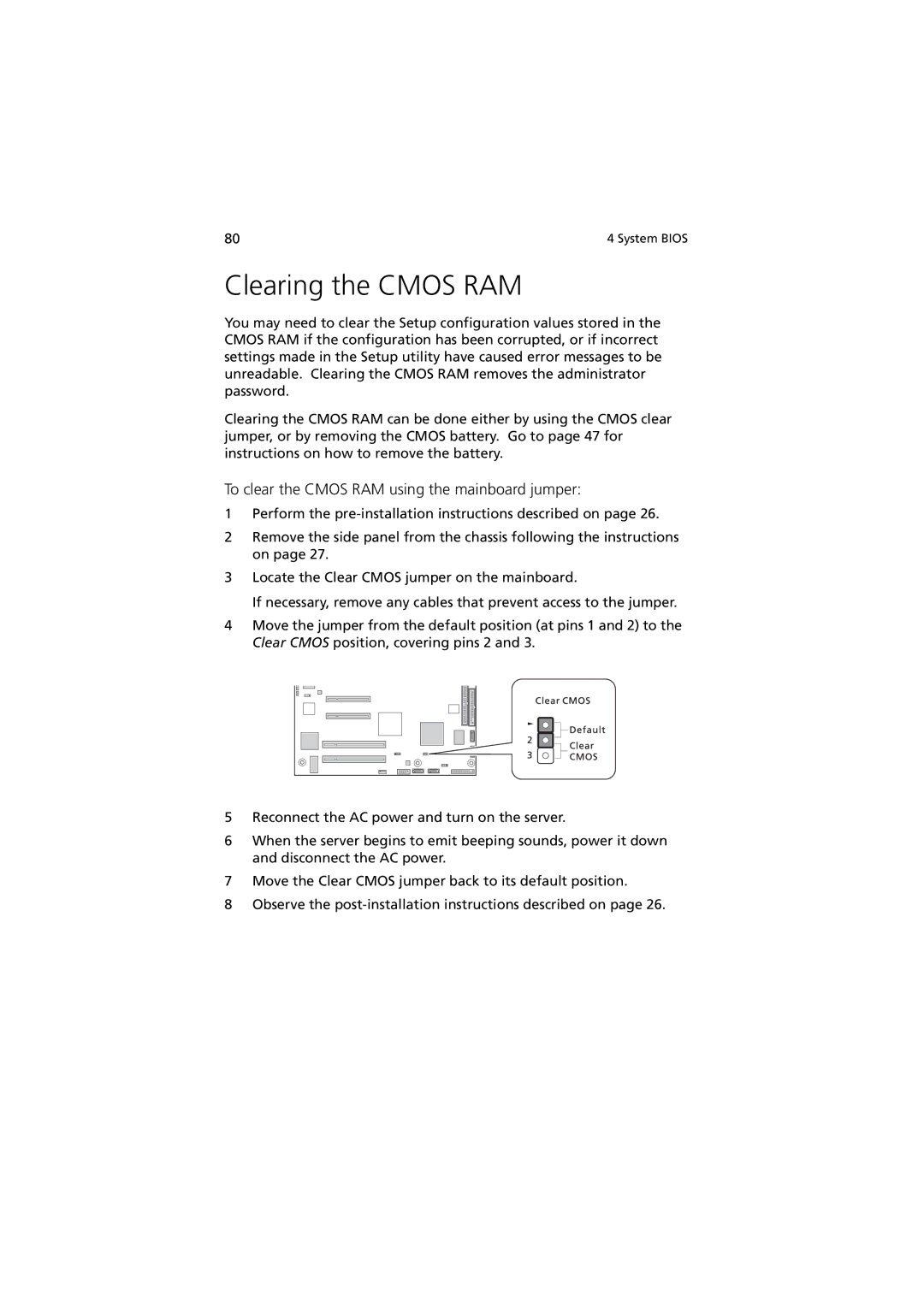 Acer G330 Series manual Clearing the Cmos RAM, To clear the Cmos RAM using the mainboard jumper 