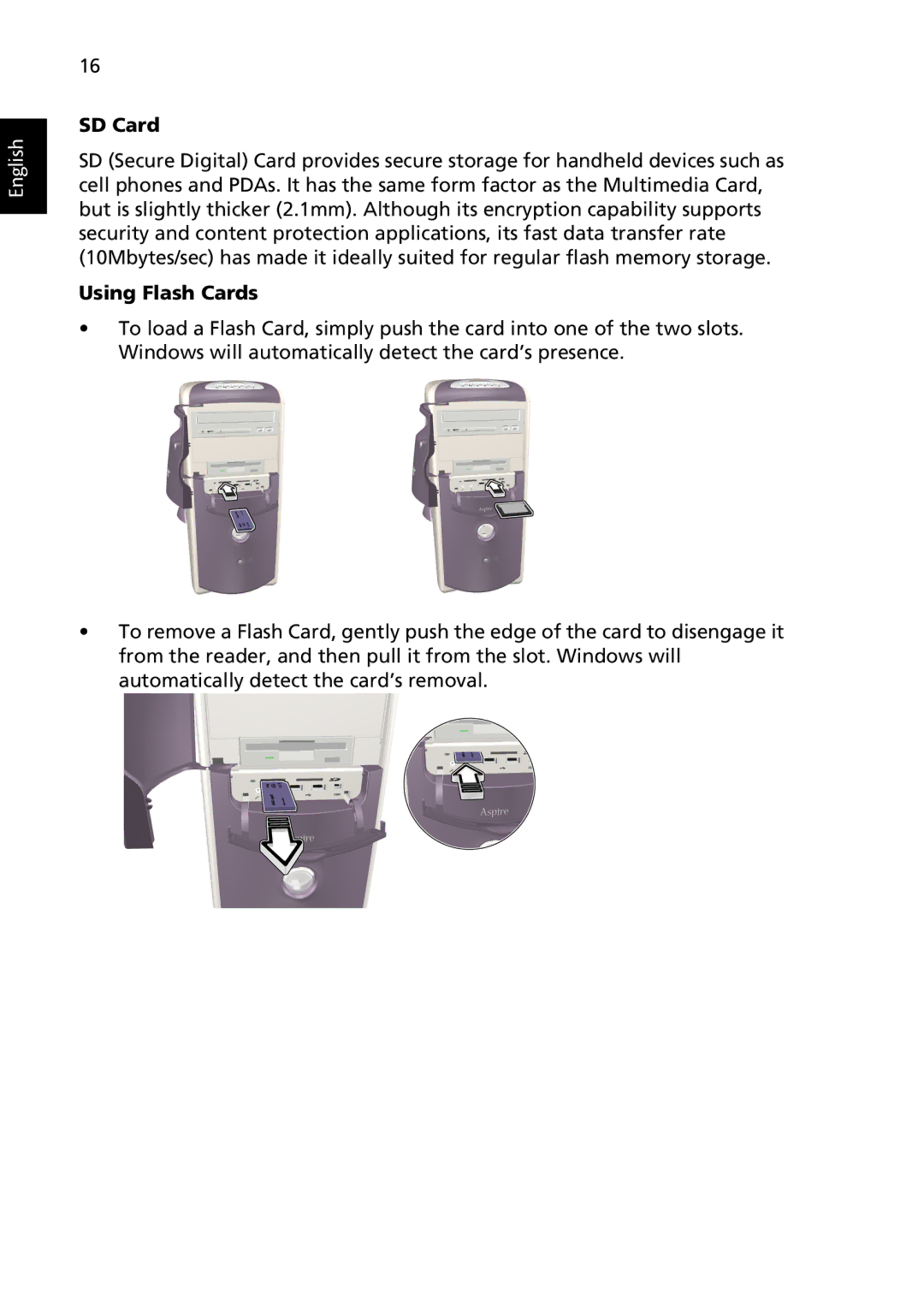 Acer G500 manual SD Card, Using Flash Cards 