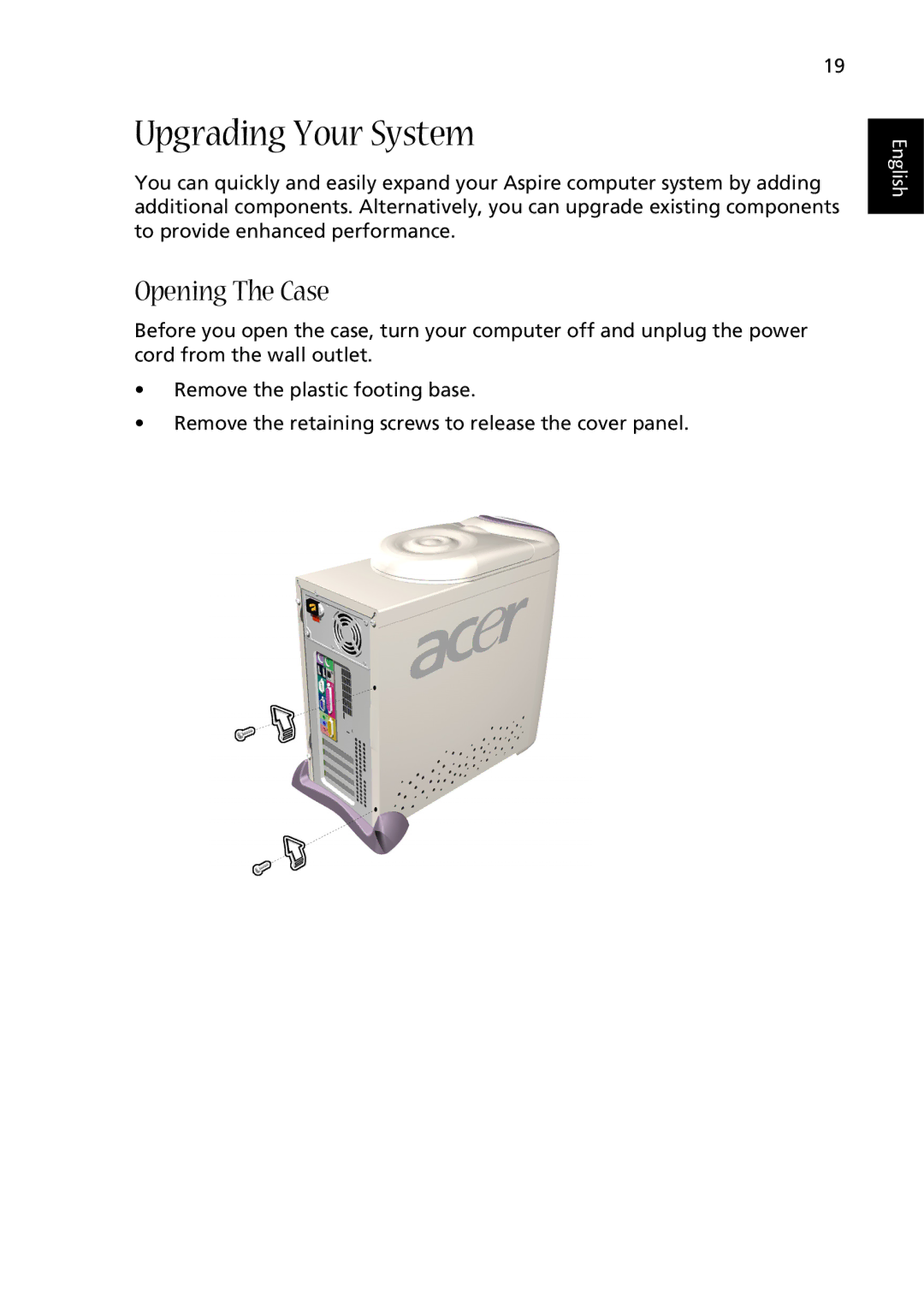 Acer G500 manual Upgrading Your System, Opening The Case 