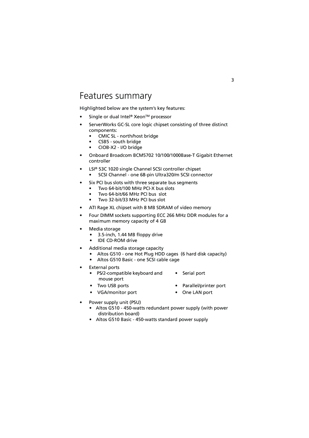 Acer G510 series manual Features summary 