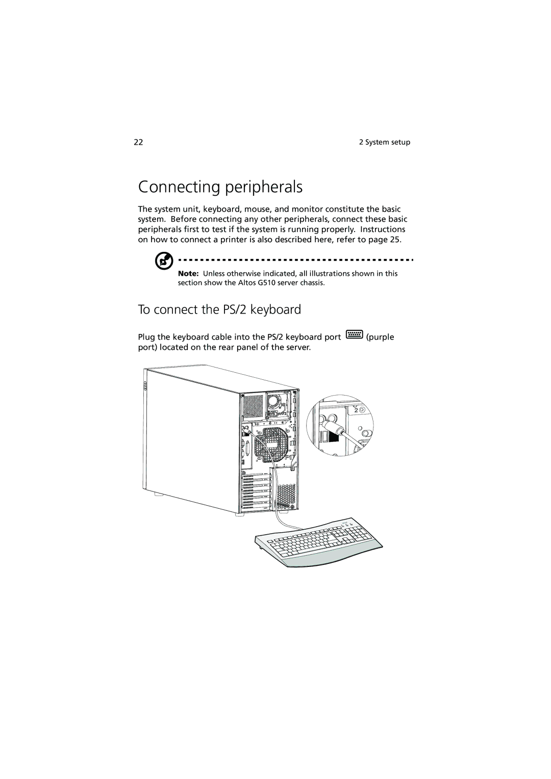 Acer G510 series manual Connecting peripherals, To connect the PS/2 keyboard 